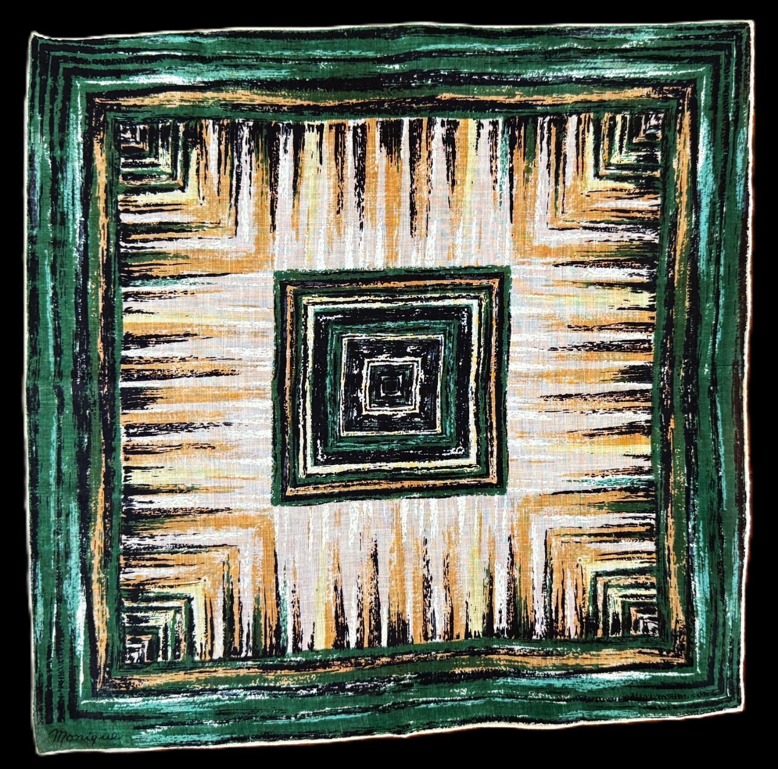 Unused 60s Signed Monique Hanky Brushstroke Abstract Green Taupe Black
