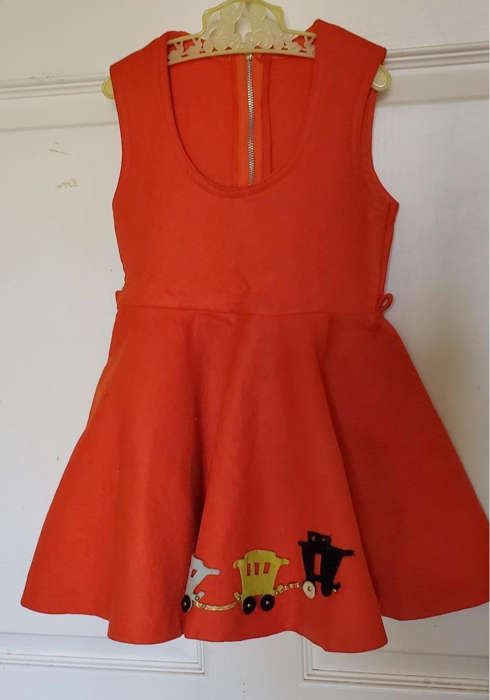 Vintage 50s Girls Orange Felt Jumper Circle Skirt Train Applique C20