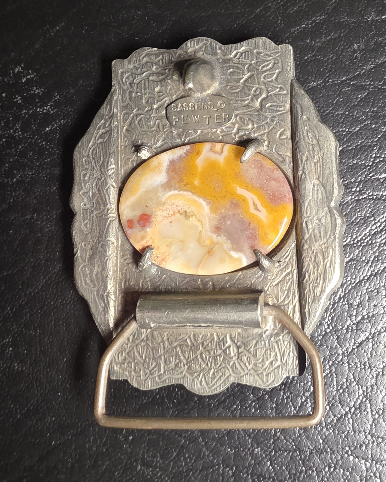 Banded agate Sassens pewter belt buckle-yellow, pink, translucent, white#P-12