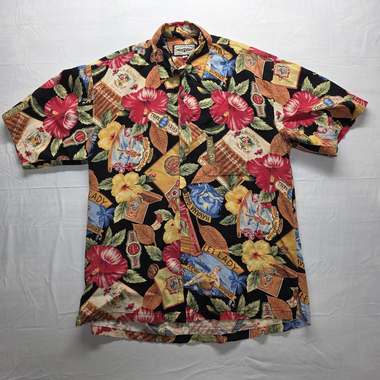 Vtg 90s Straight Down Cigar Hawaiian Shirt Mens M Tobacco Label Lei Lady