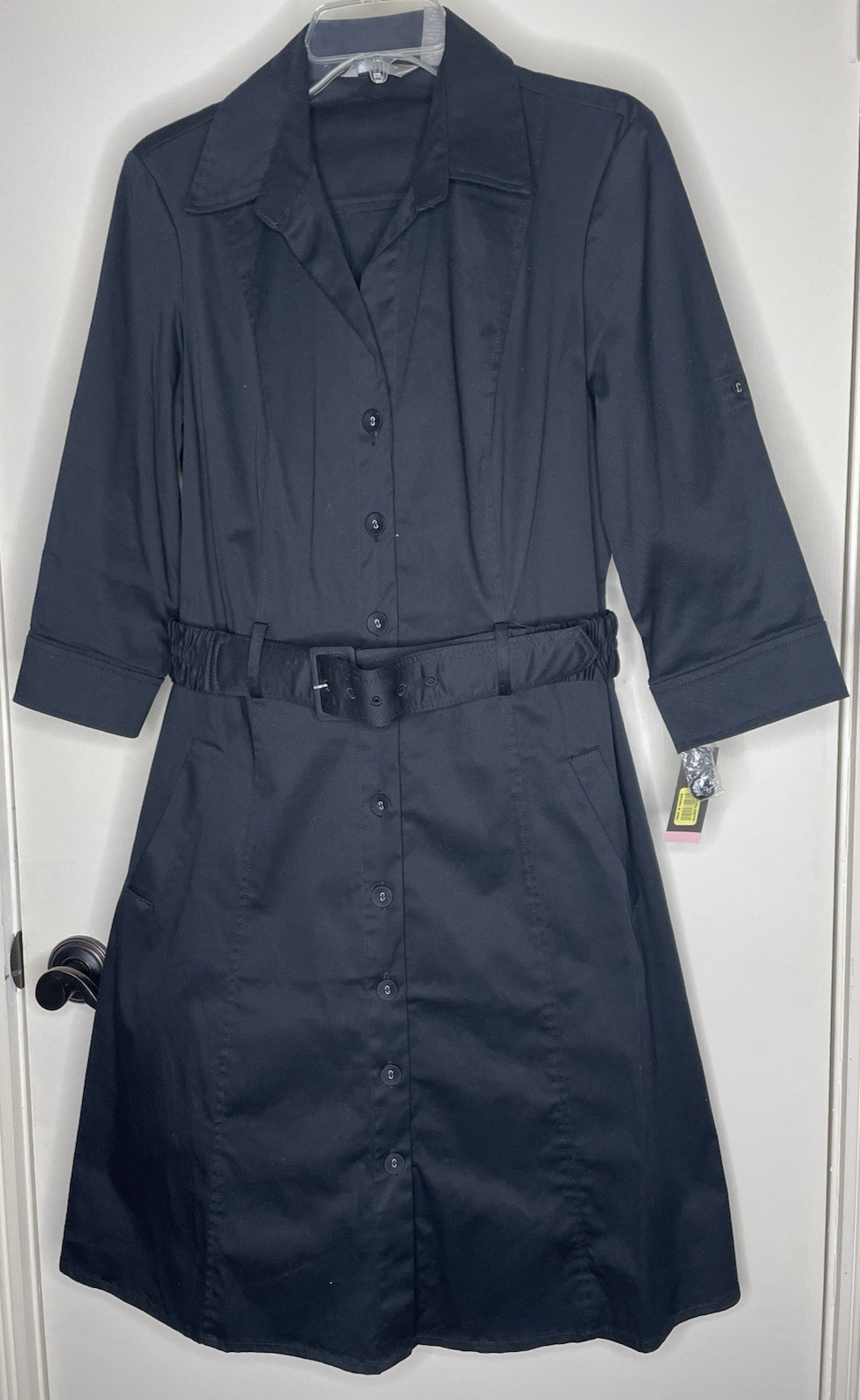 NWT Investments Size 10 Black Retro Secretary Stretch Midi Knee Shirt Dress