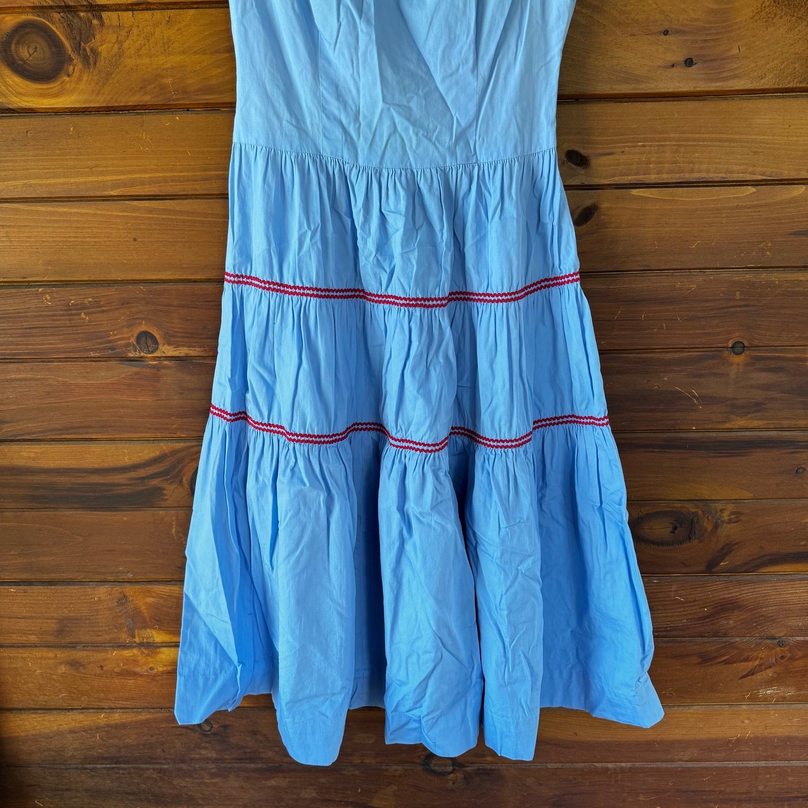 Vintage Handmade Blue Cotton Poplin Rick Rack Trim Fit & Flare Dress XS
