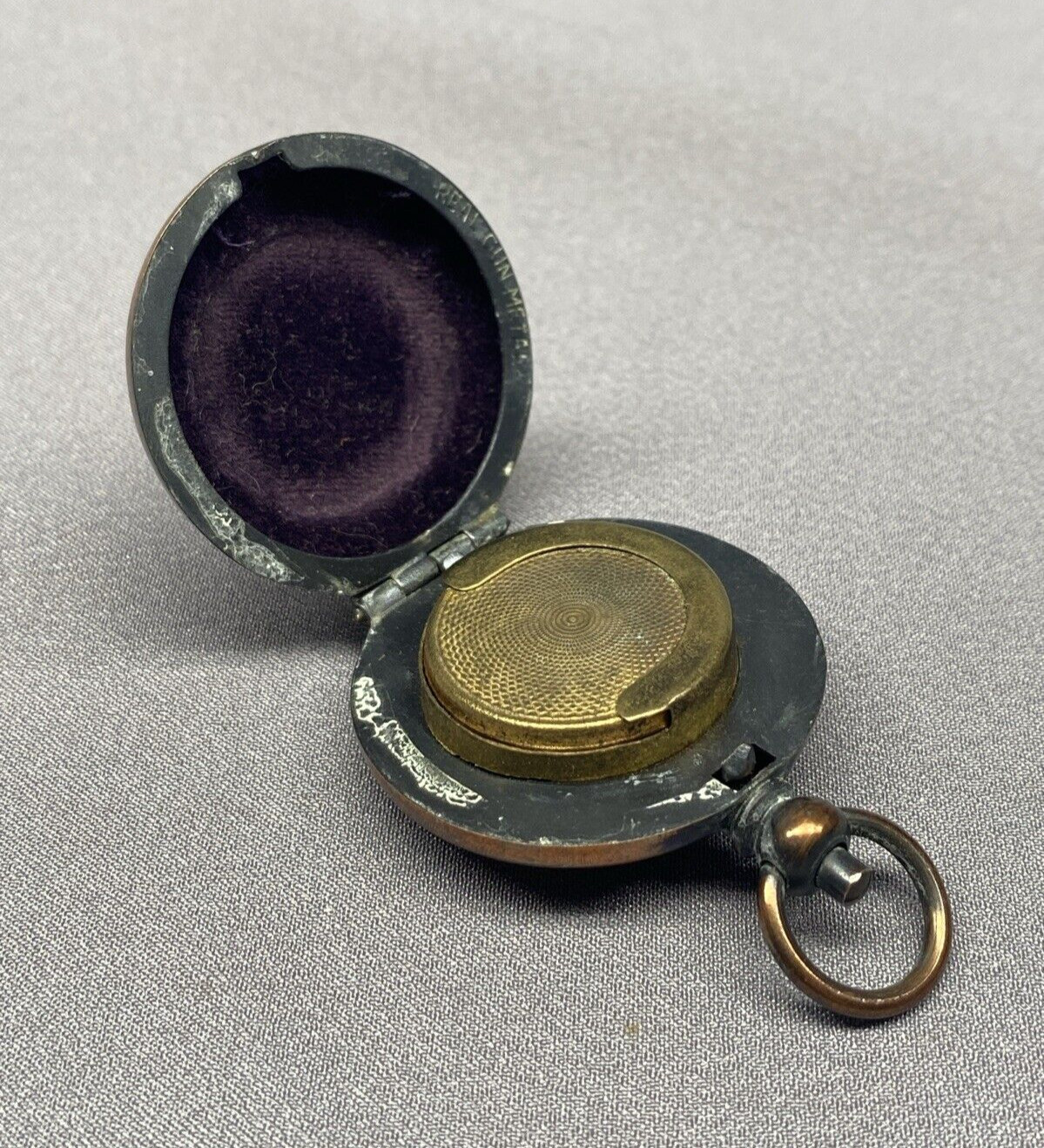 Antique Real Gun Metal Coin Change Holder Spring-Loaded Pendant Purple Velvet