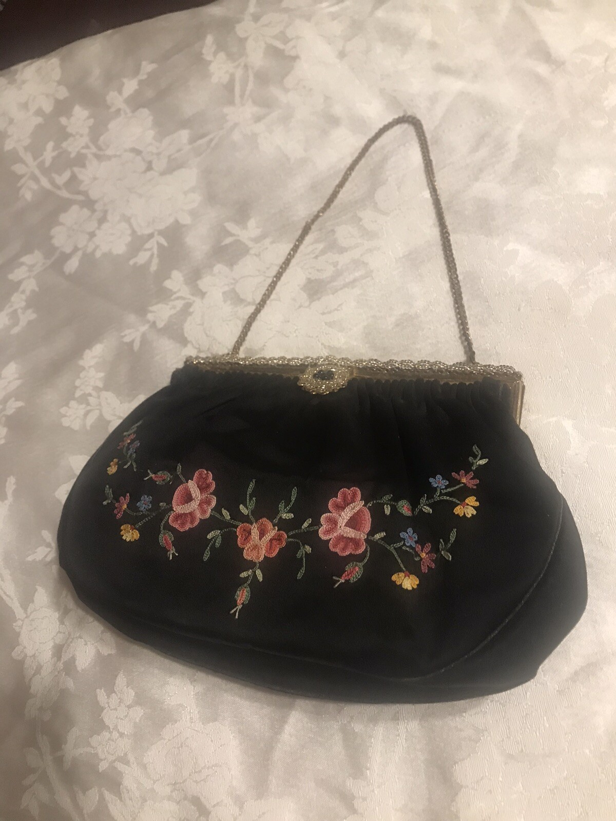 Antique embroidered French silk evening bag, black, from the 1920s or 30s Fab!