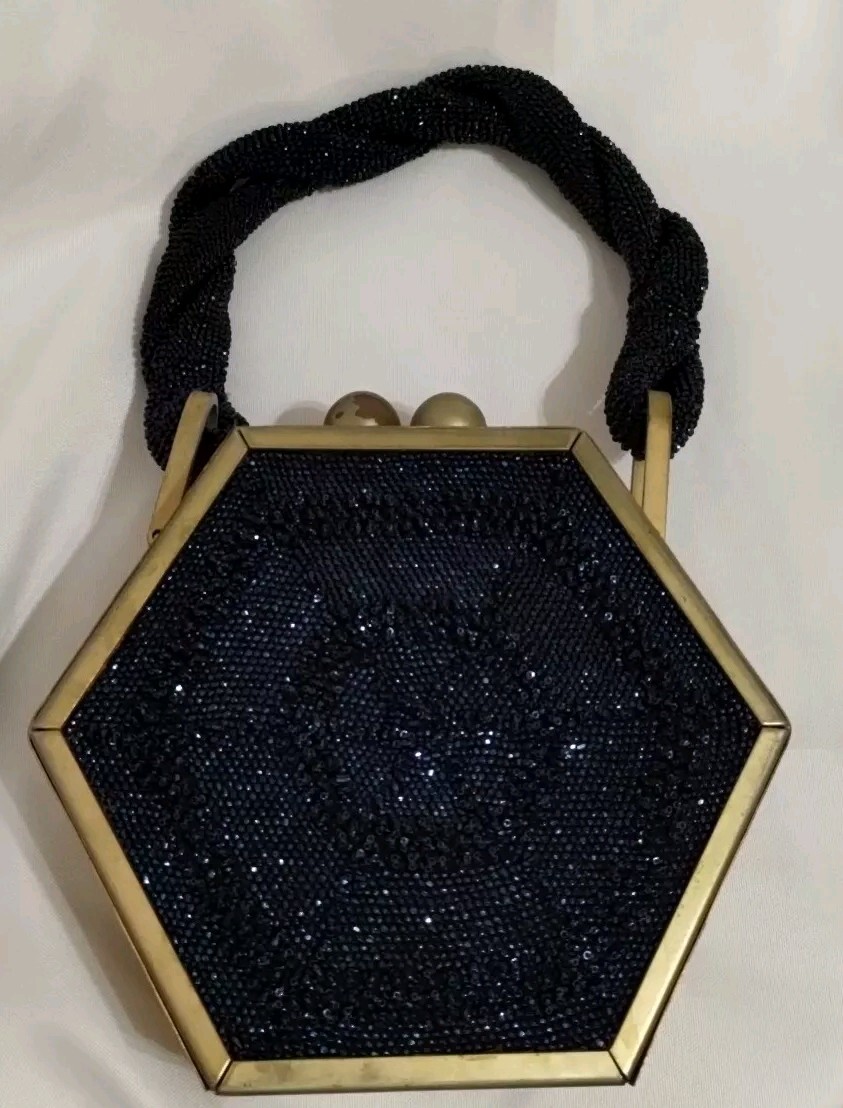Handbag/Purse Sapphire Blue Beaded Tortoise Lucite Gold Plated Tyrolean 1940 VTG