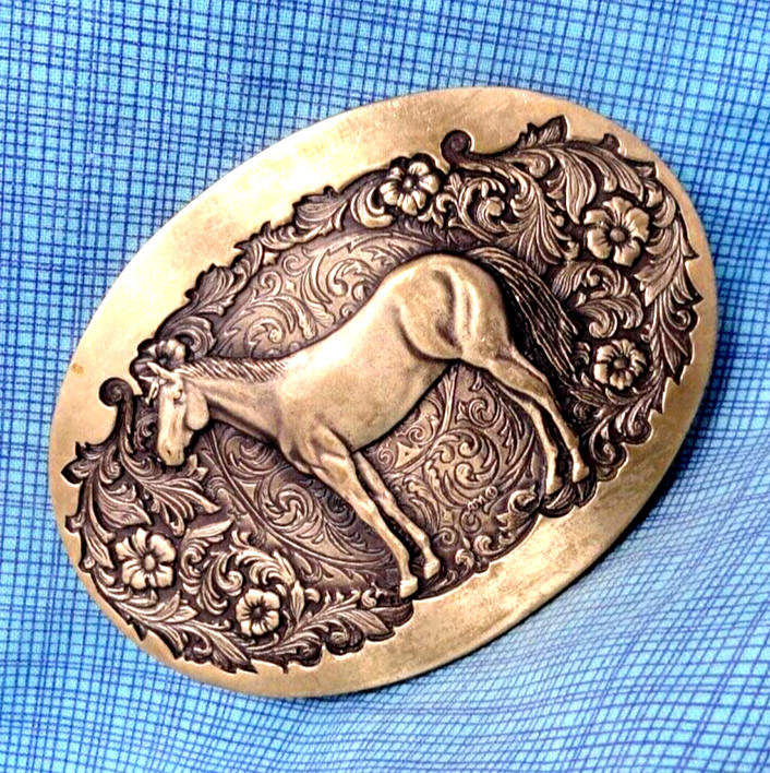 Western Horse Belt Buckle Floral Scroll Cowboy Cowgirl Brass Vtg 70s ADM .QRT661