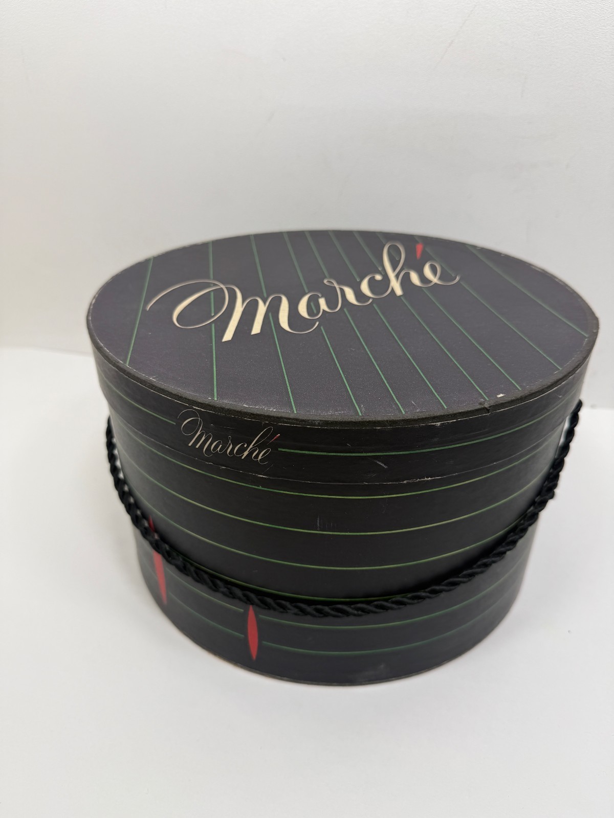 Vintage Marche Round Cardboard Hat Box Black Pinstripe Storage Case Cord Handle