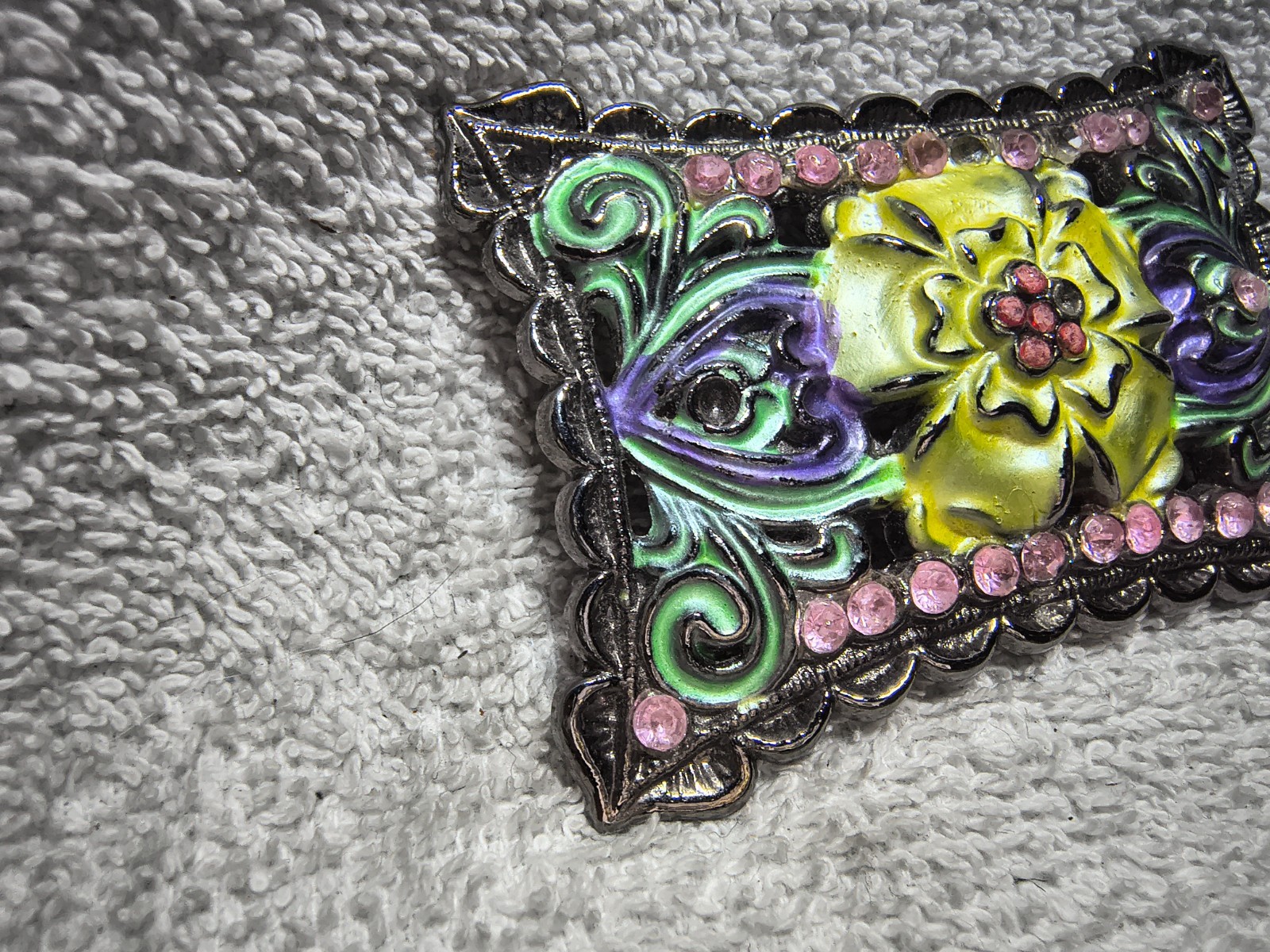 Pink Rhinestone Center Flower Mosaic Colors Rectangle Belt Buckle Usable Shape