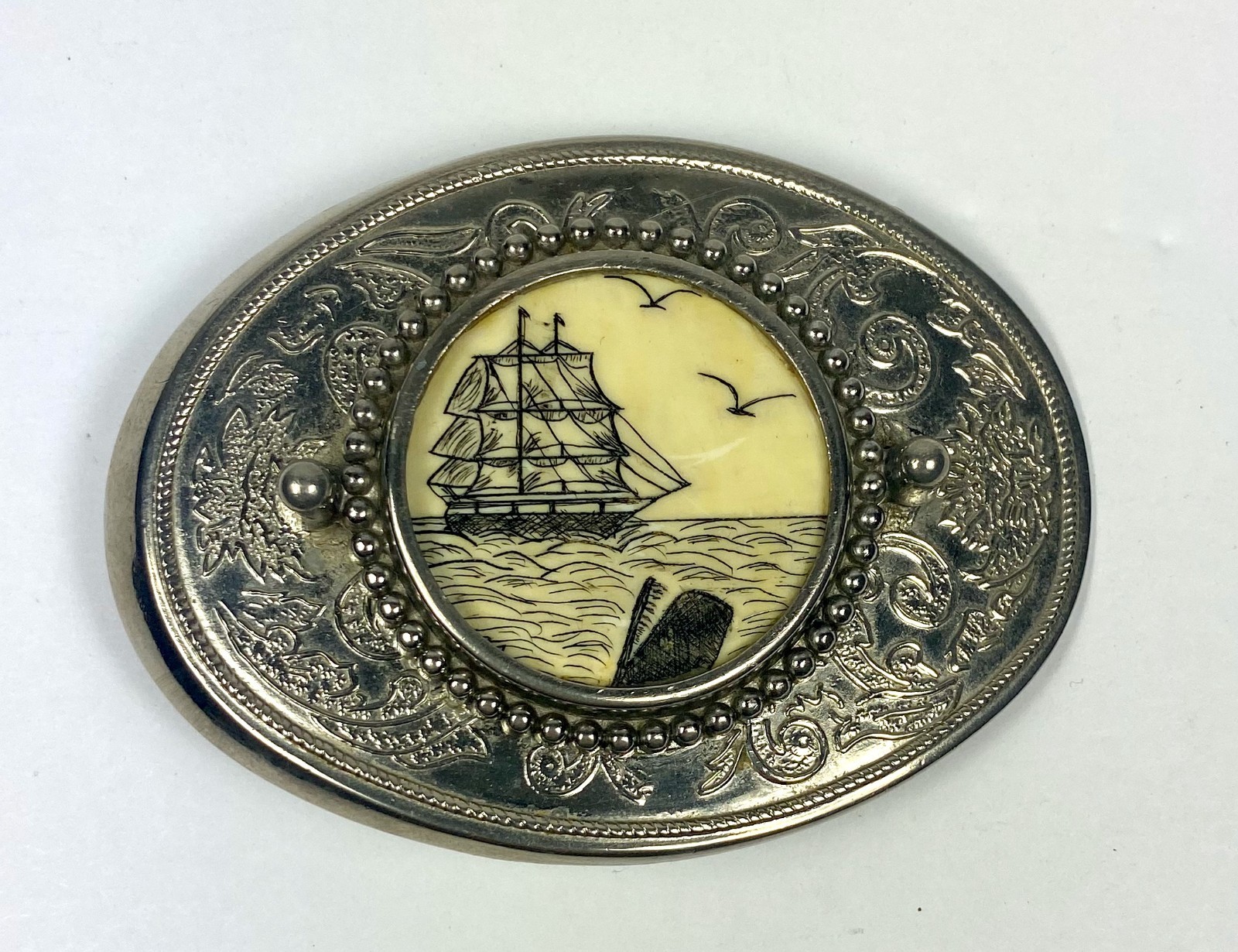 Vintage Scrimshaw Sailing Ship Whale Belt Buckle Silver Tone Western 1970’s