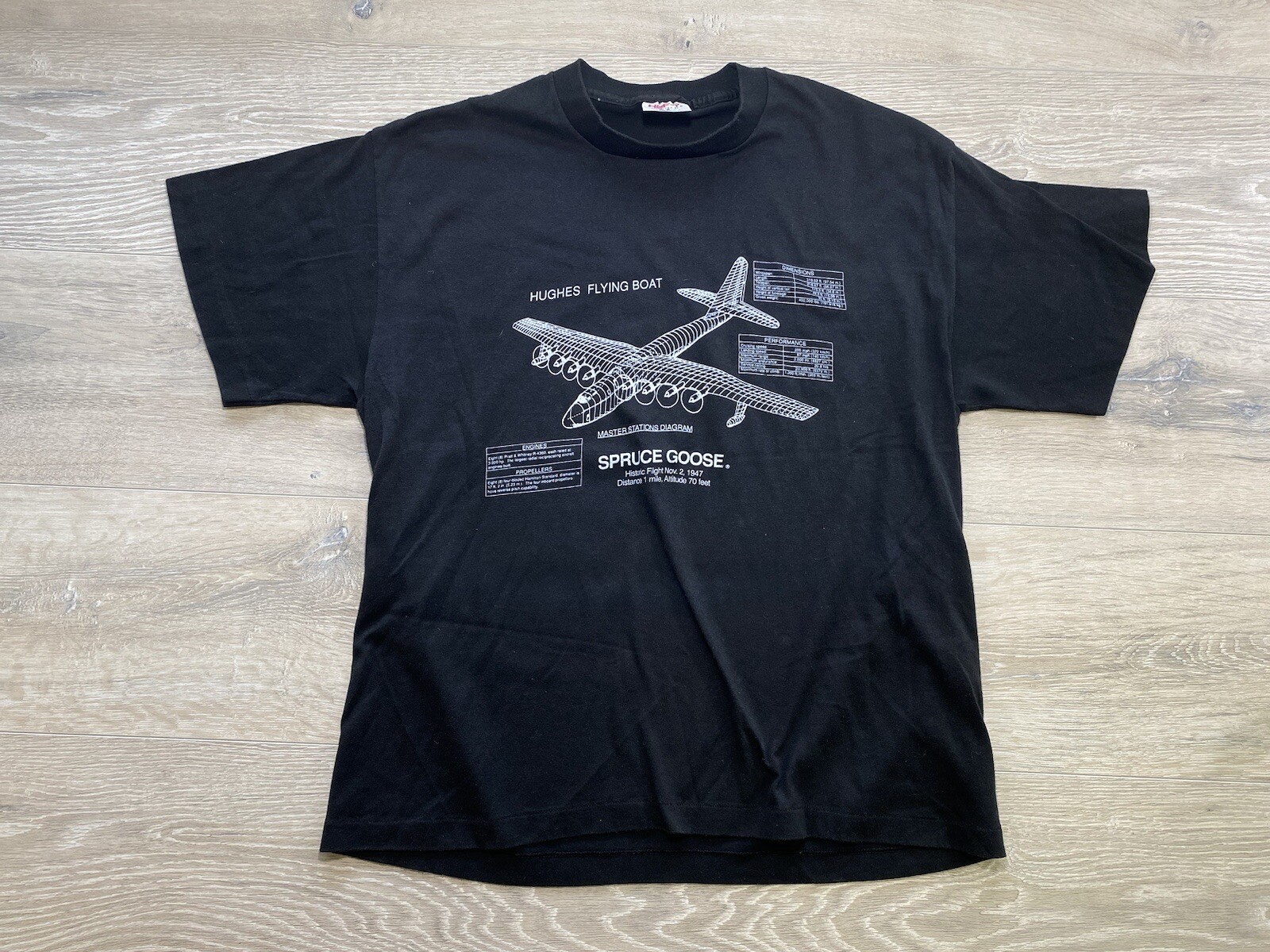 Vintage 1980s Spruce Goose Howard Hughes Flying Shirt Sz XL Black Single Stitch