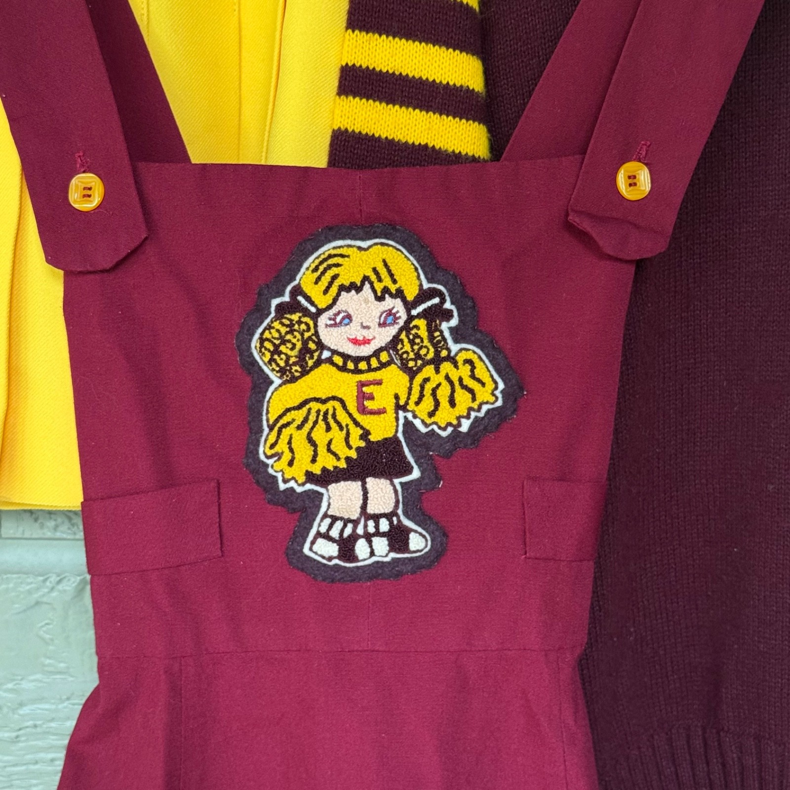 Vintage Cheerleader Uniform Skirt Sweater Jumper Maroon Yellow Chenille Patch