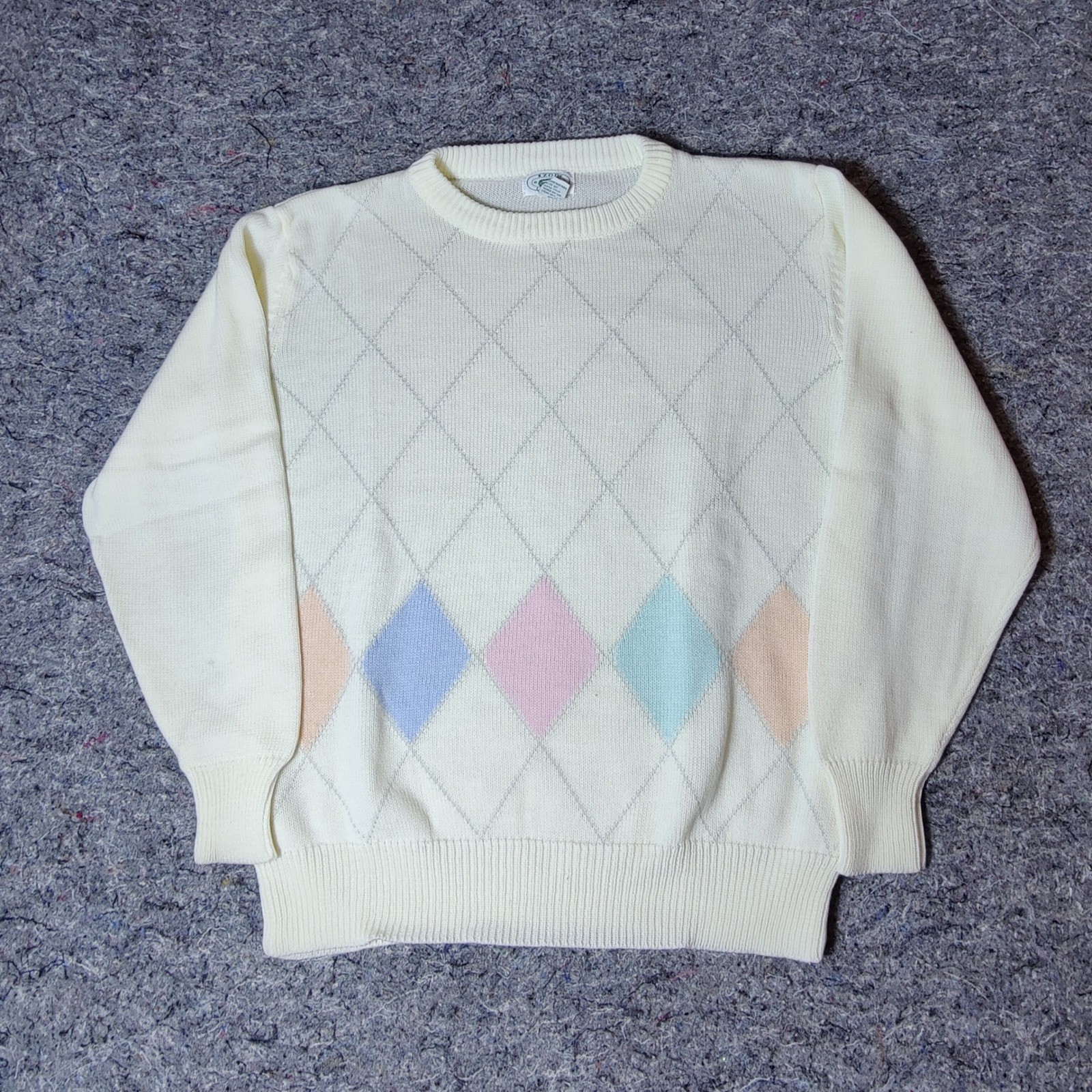Vintage Izod Lacoste Argyle Sweater Womens Large Cream Pastel Knit Crewneck