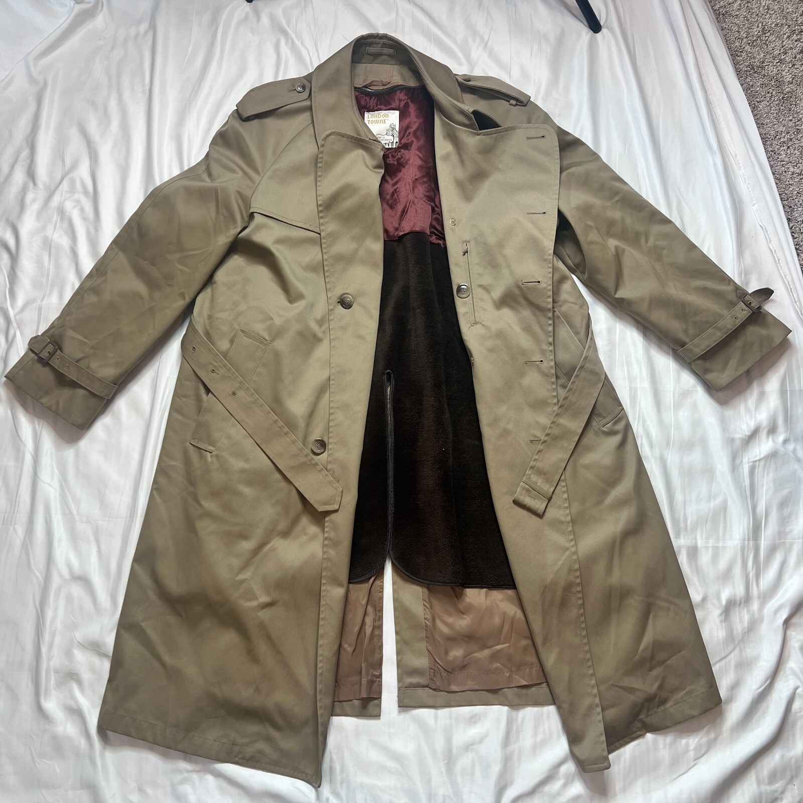 Vintage London Towne Trench Coat Removable Wool Liner Tan/Brown 14 US (44 UK)