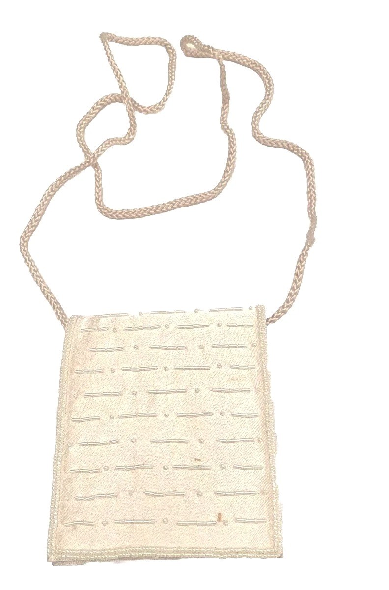 Bijoux Terner Ivory Satin Evening Bag With Sequins & Pearls Corded Strap 6”x 5”