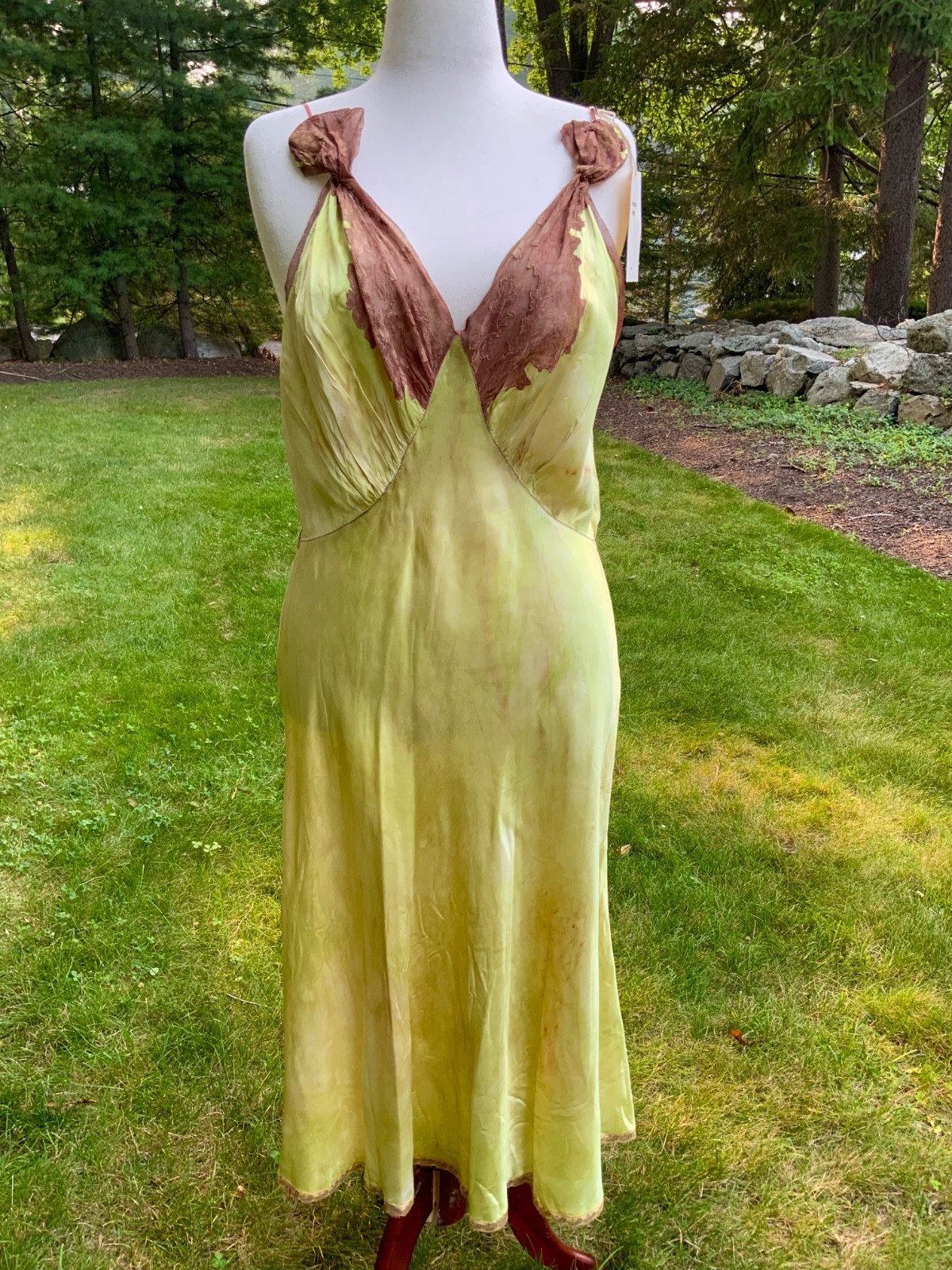 1930s Hand Dyed Botanical Inspired Hand Dyed Silk Slip Dress. One of a Kind L