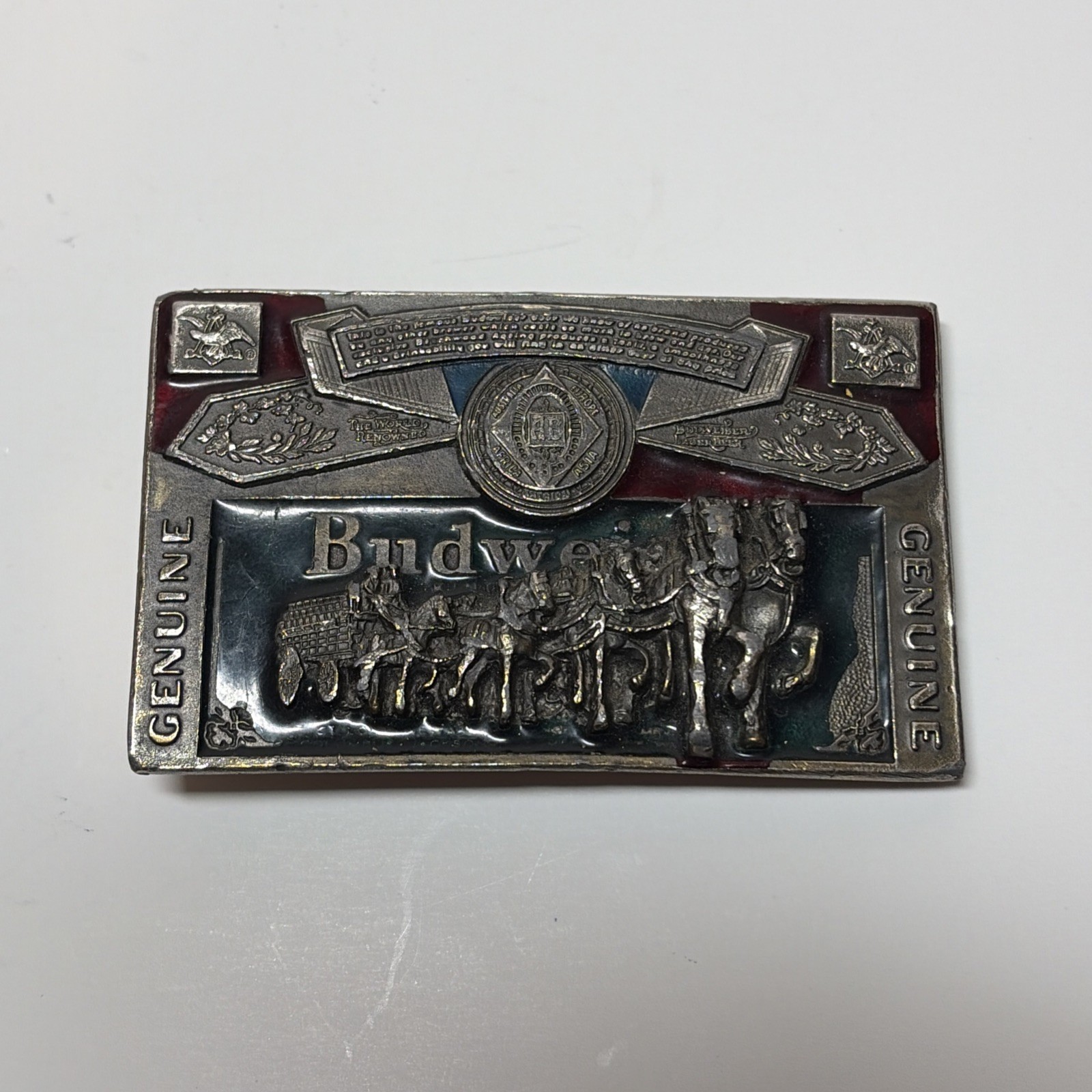 Vintage Budweiser Belt Buckle Made in the USA 1982 Red & Blue Enamel Clydesdale