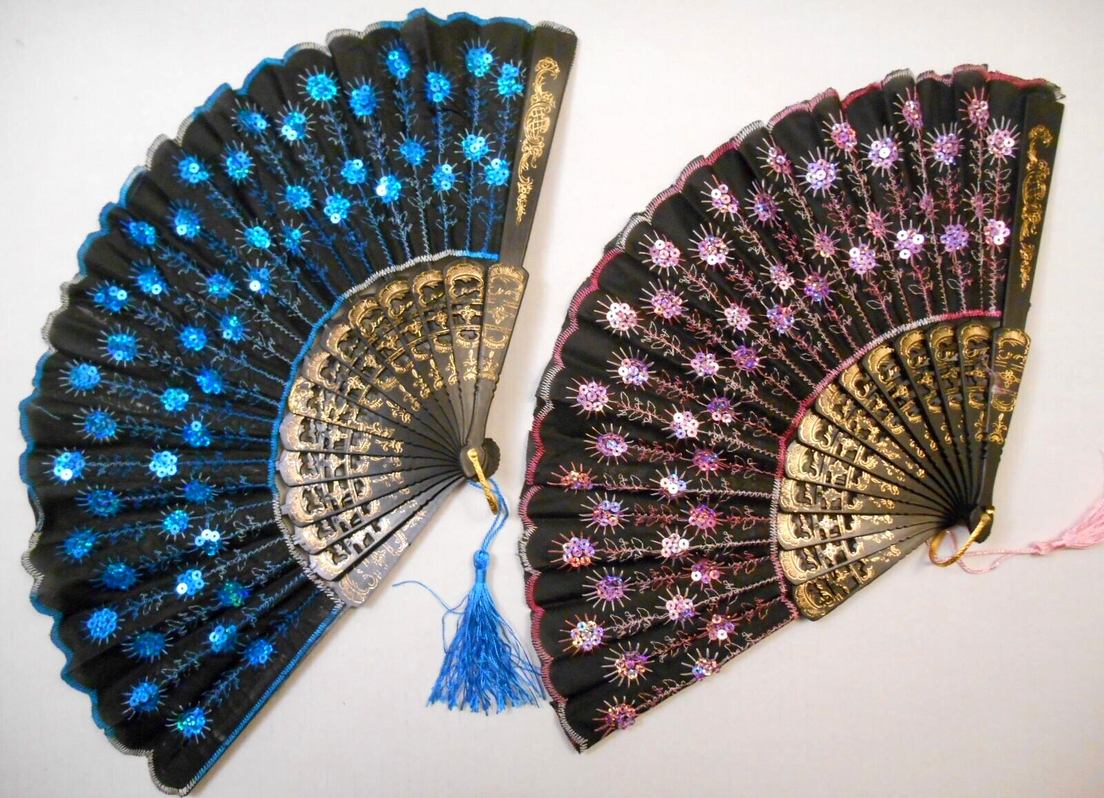 2 Embroidered Folding Handheld Fan Sequins Bright Turquoise & Pink Flaminco