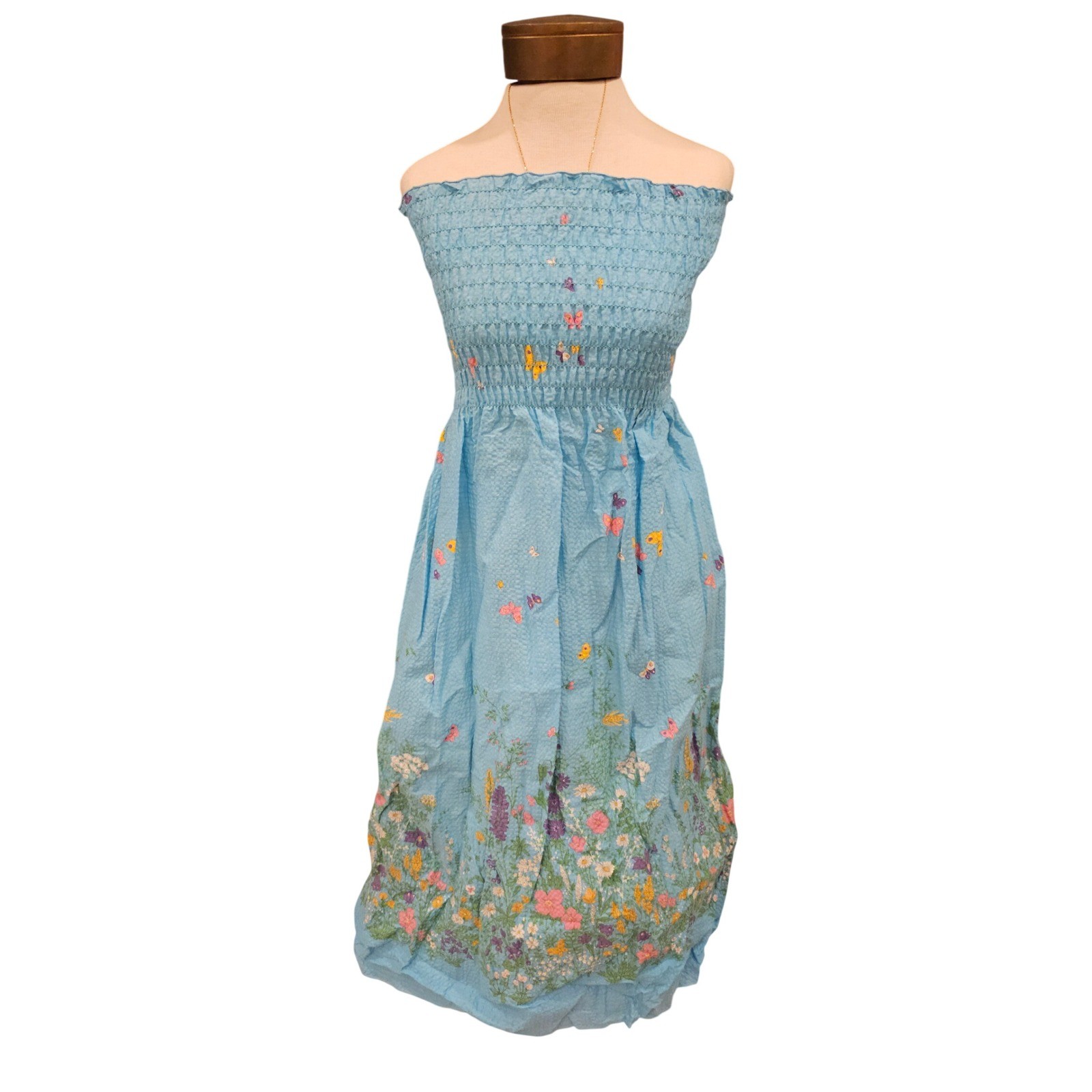 Vintage 70s Blue Floral Smocked Tube Dress Fabric 1 1/4 yd You Sew