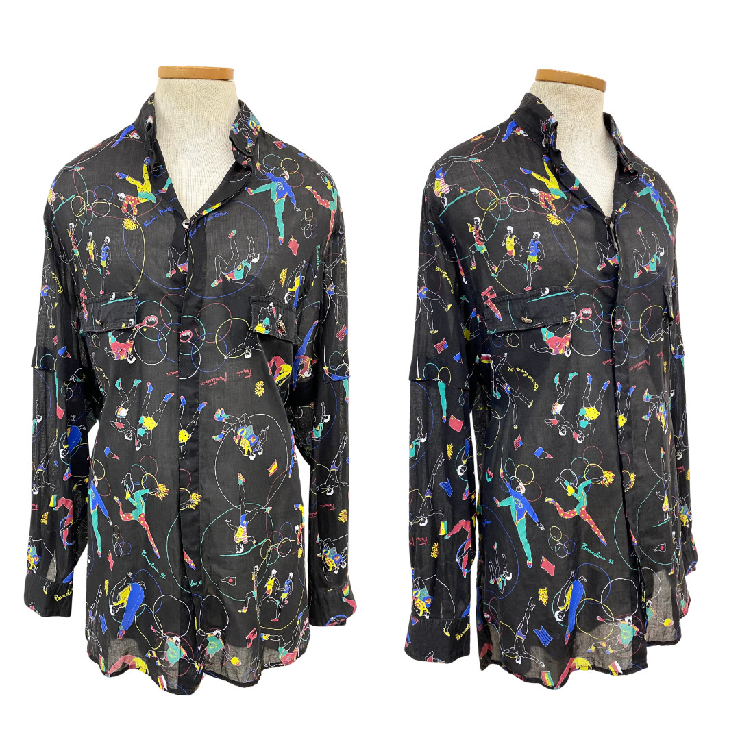 Vintage 1980s Francis Montesinos Athletic Funky New Wave Print Button Down Shirt
