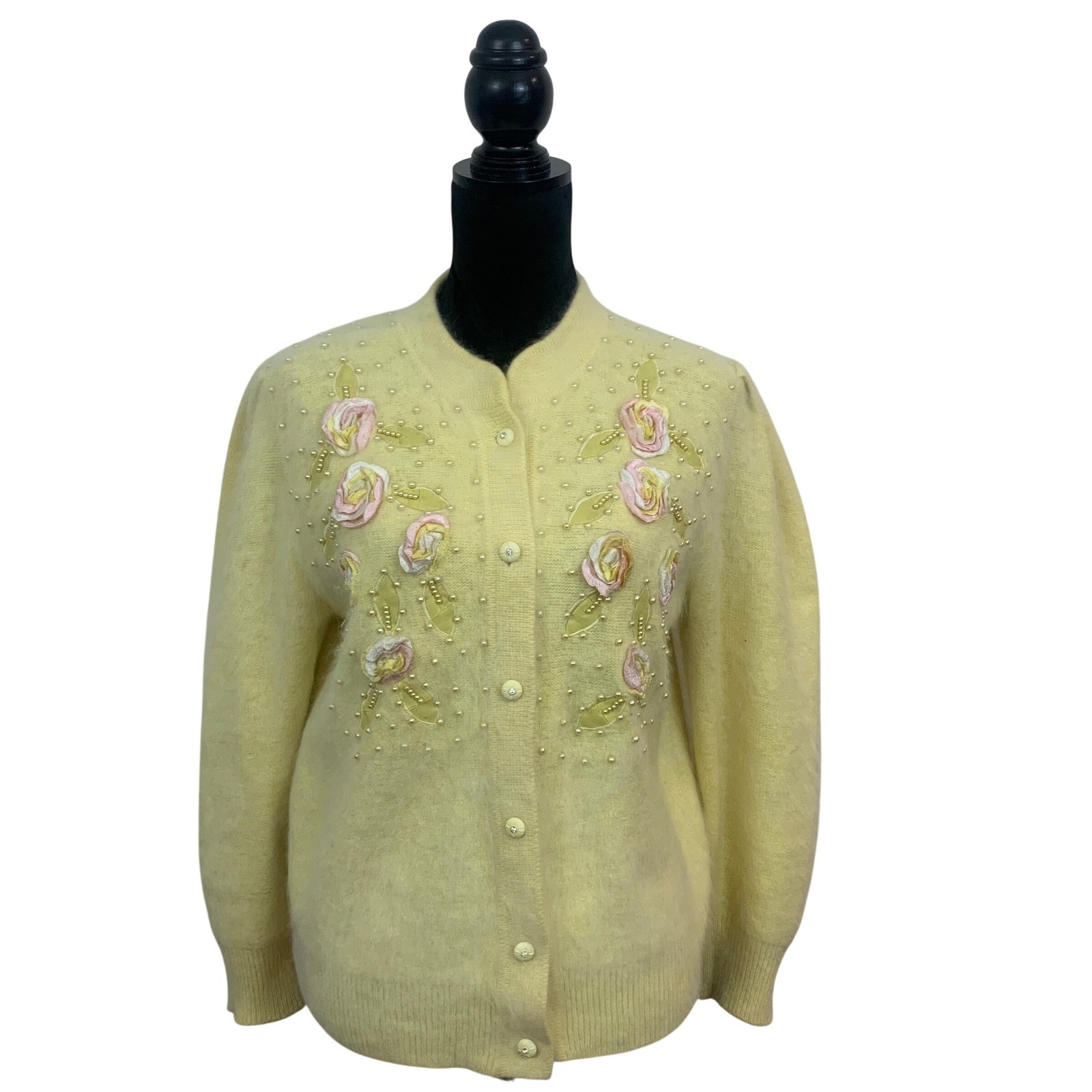 Vigor Vintage Angora Blend Cardigan Yellow Floral Ribbon Rose Pearl Beaded XL