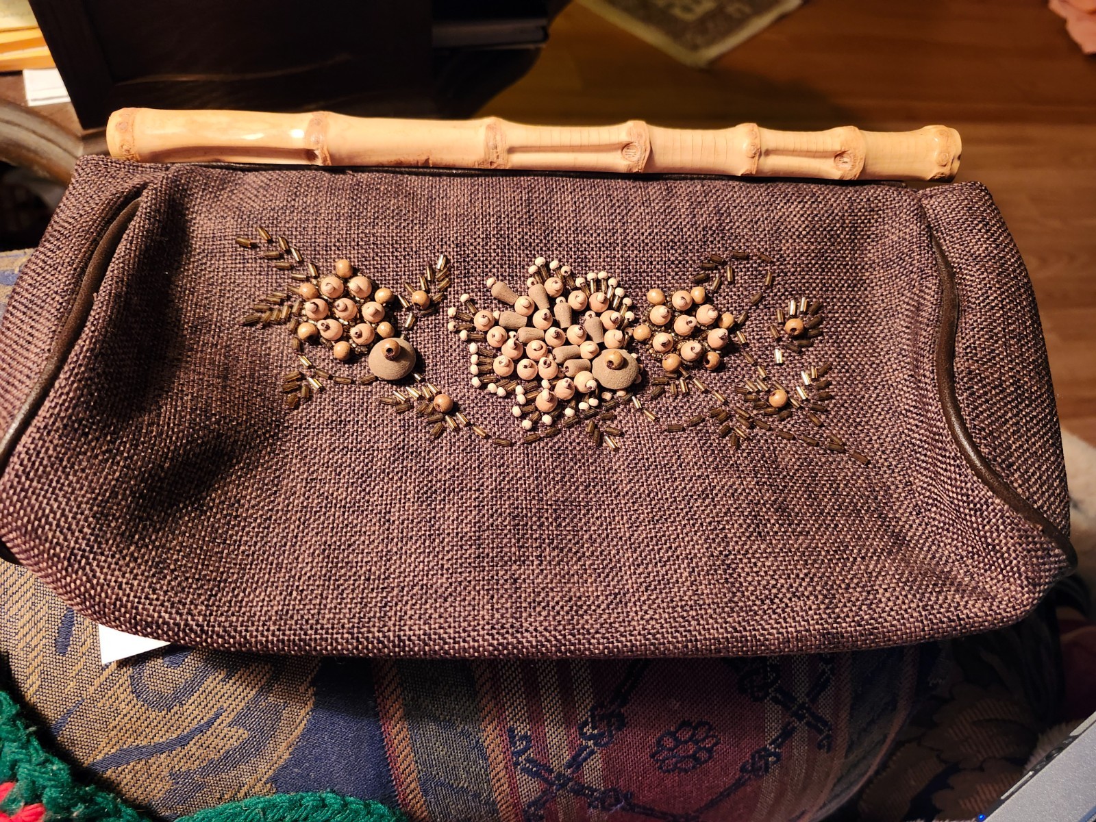 Vtg Beaded Brown fabric clutch, Bamboo Handle 10 1/2″x 6 1/2″