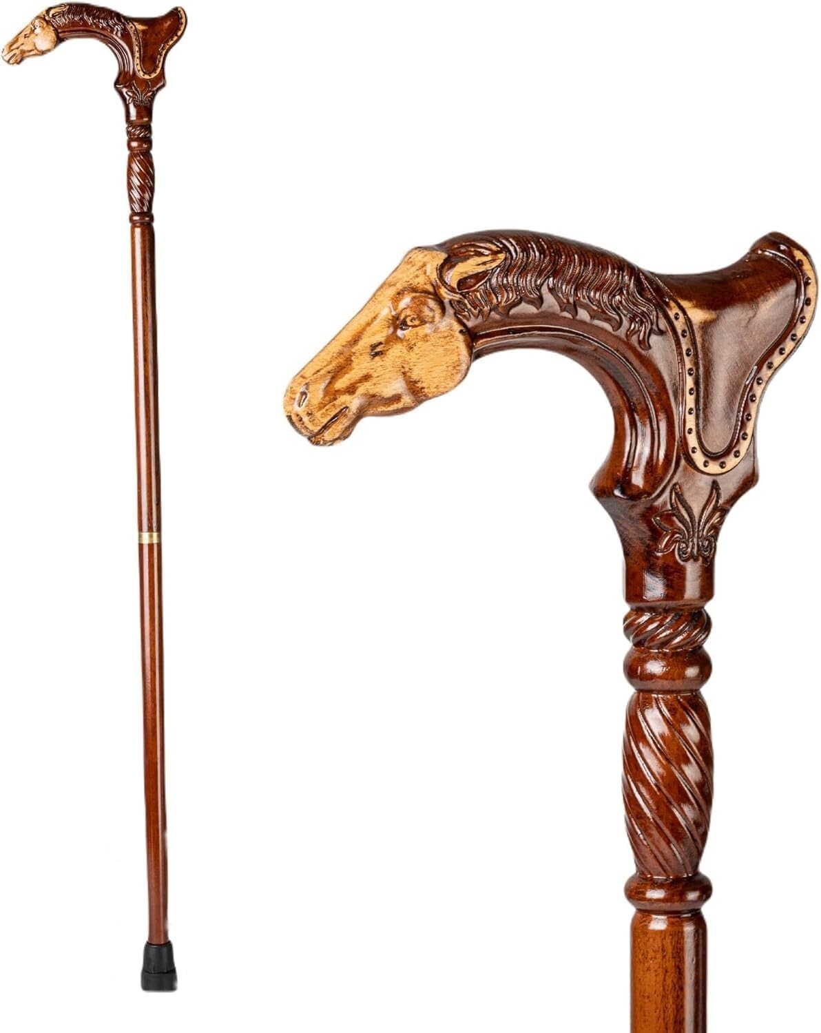 Wooden Walking Cane with Ergonomic Handle, 37 inches, Rubber Tip, Carved Design