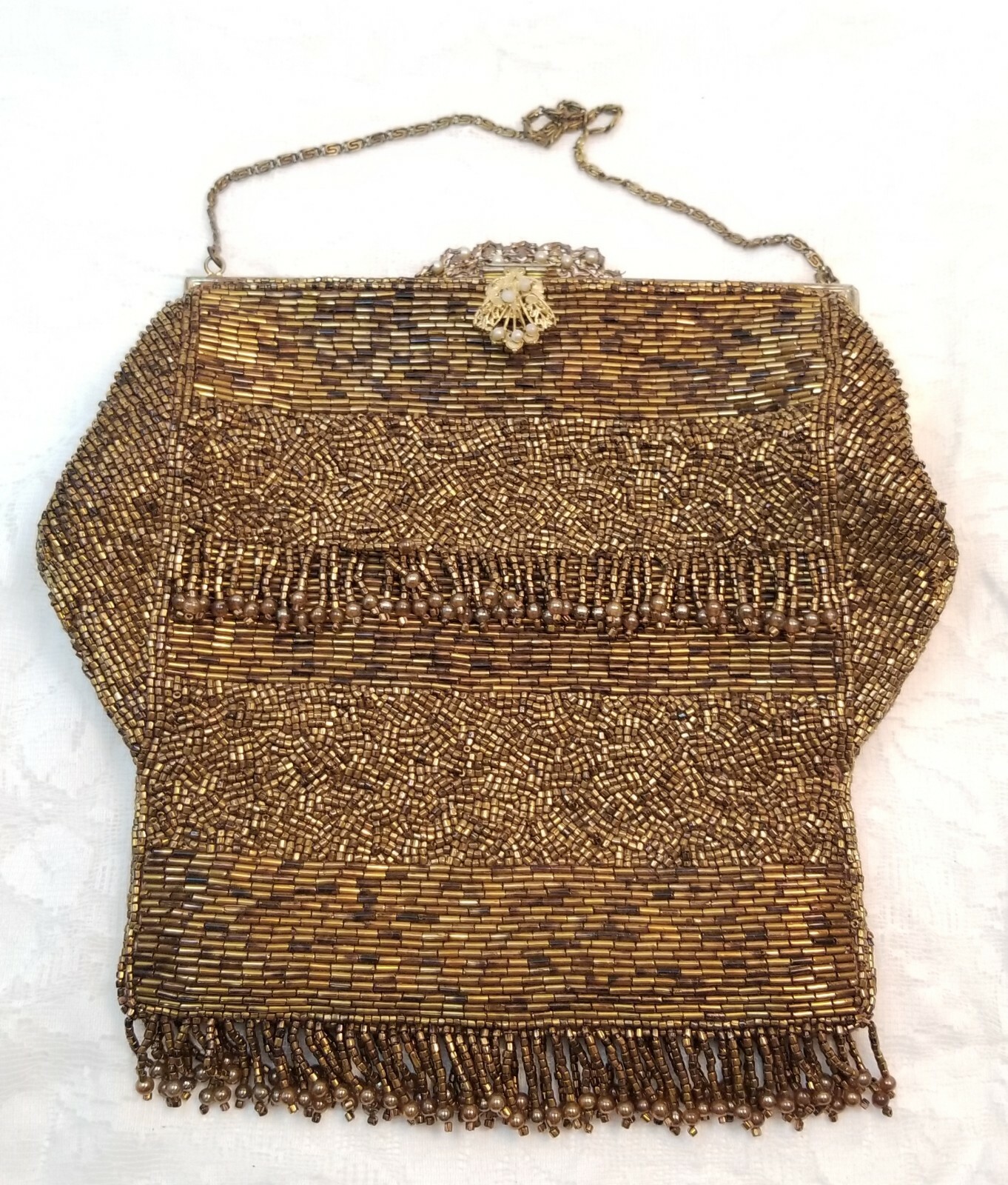 Vintage Bead Beaded Purse Handbag 1950-60’s Gold/Copper Metallic Fringe