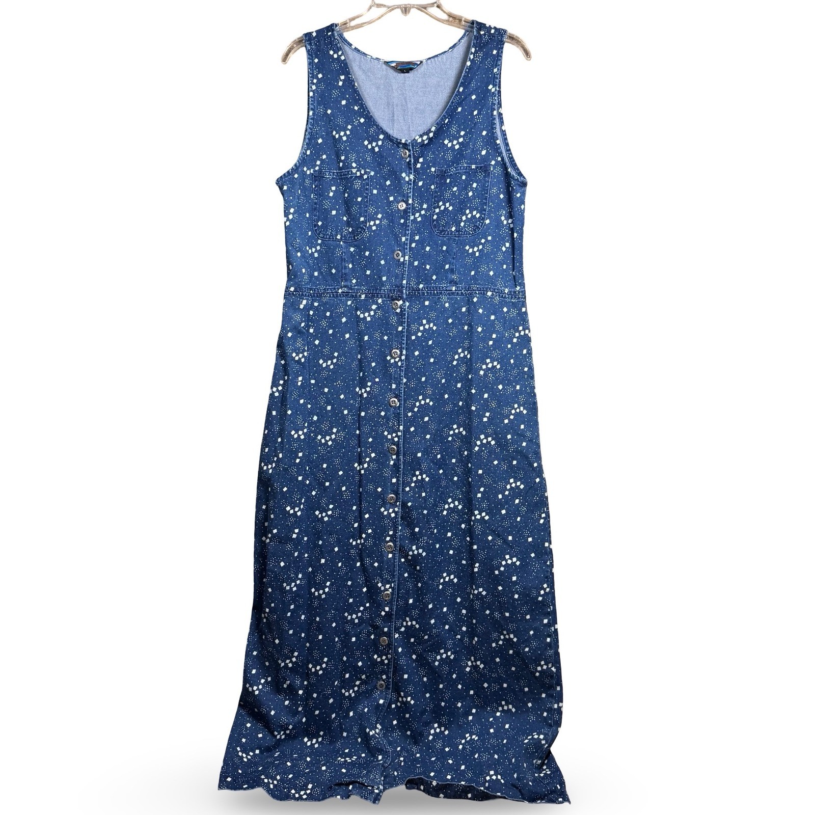 VTG Denim Dress Women’s Large L Sleeveless Button Front Cinched Back Buckle Maxi