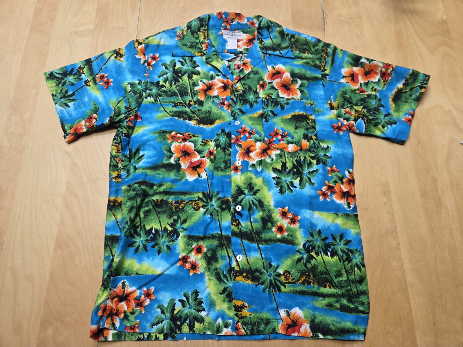 Vintage Hukilau Fashions Honolulu Hawaii Aloha Shirt Mens L Blue Hibiscus Floral