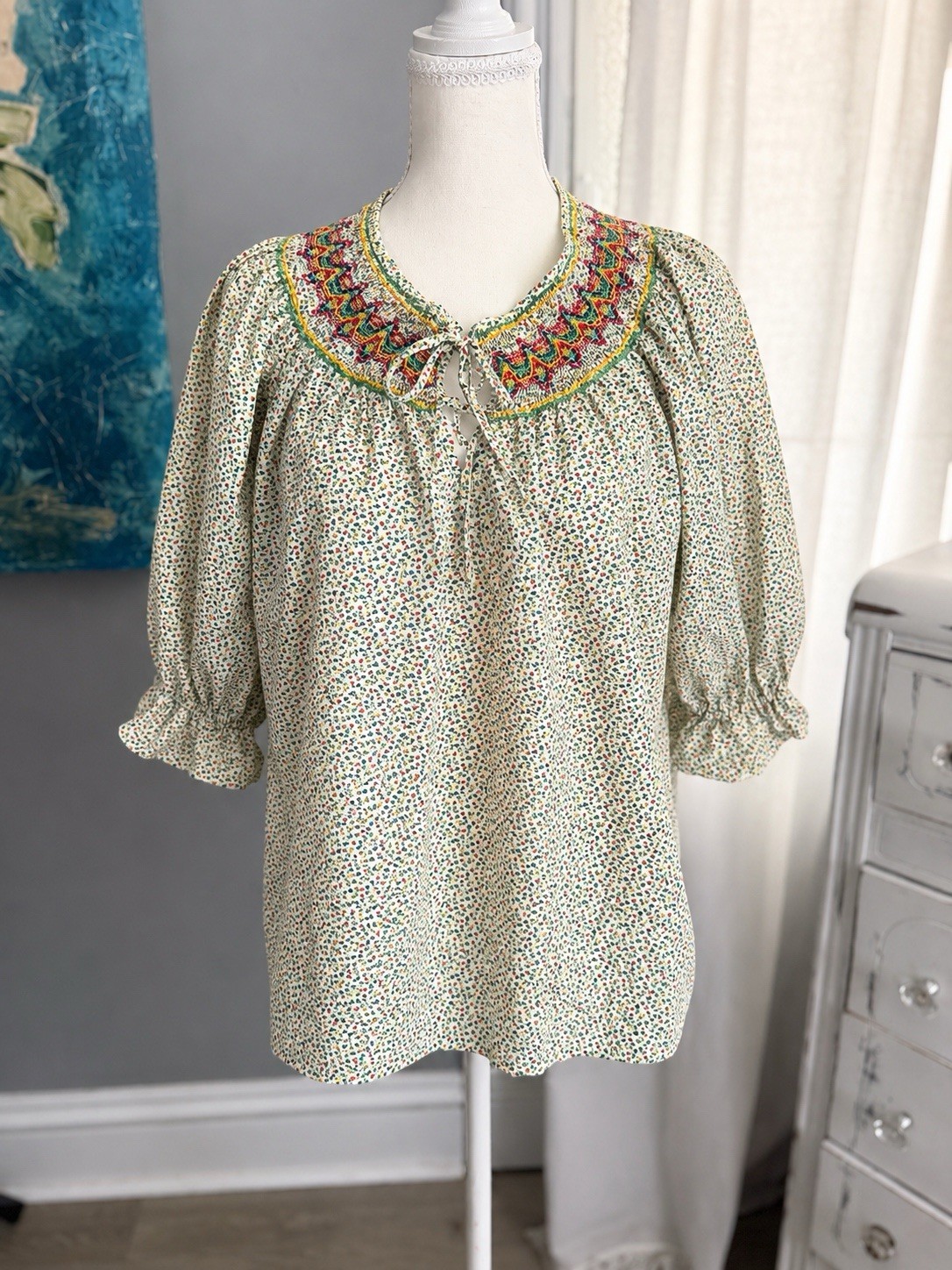 Vintage Milo California Floral Smocked Peasant Blouse Cottagecore Boho Large