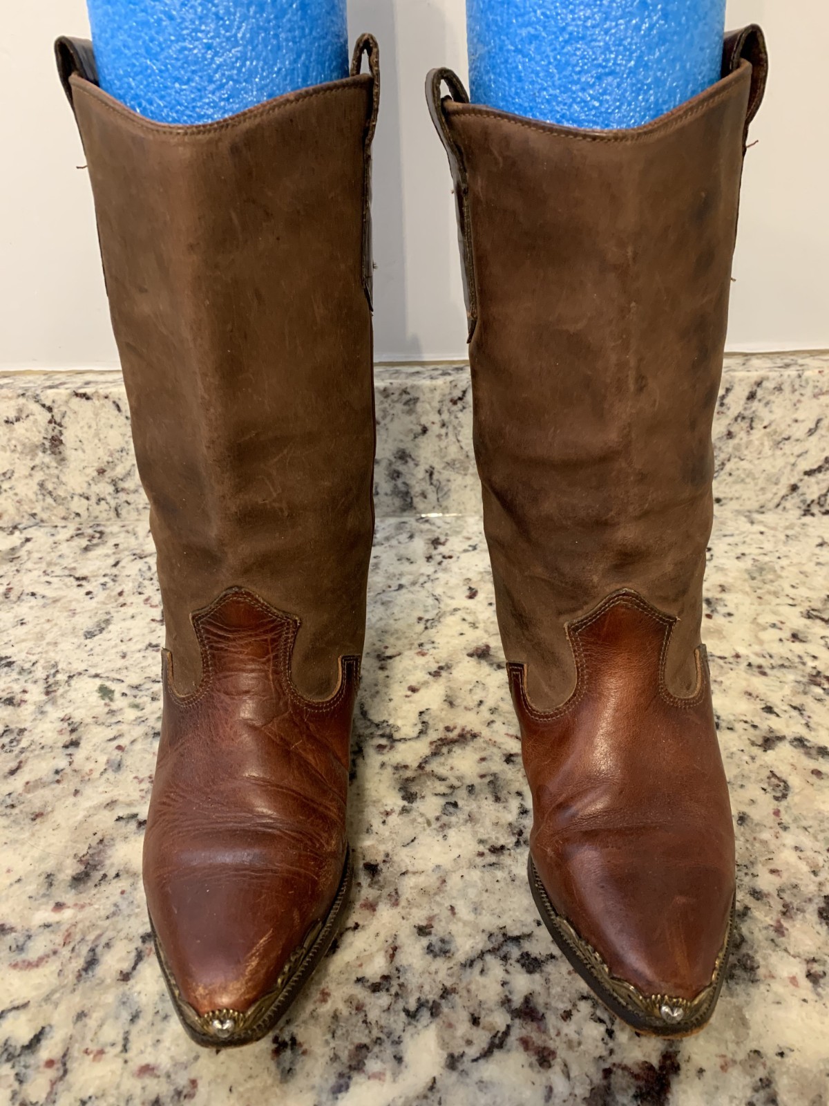 Vintage Zodiac Cowgirl Boots Western, Cognac Brown, Mid Calf, Metal Tips Sz 6.5M