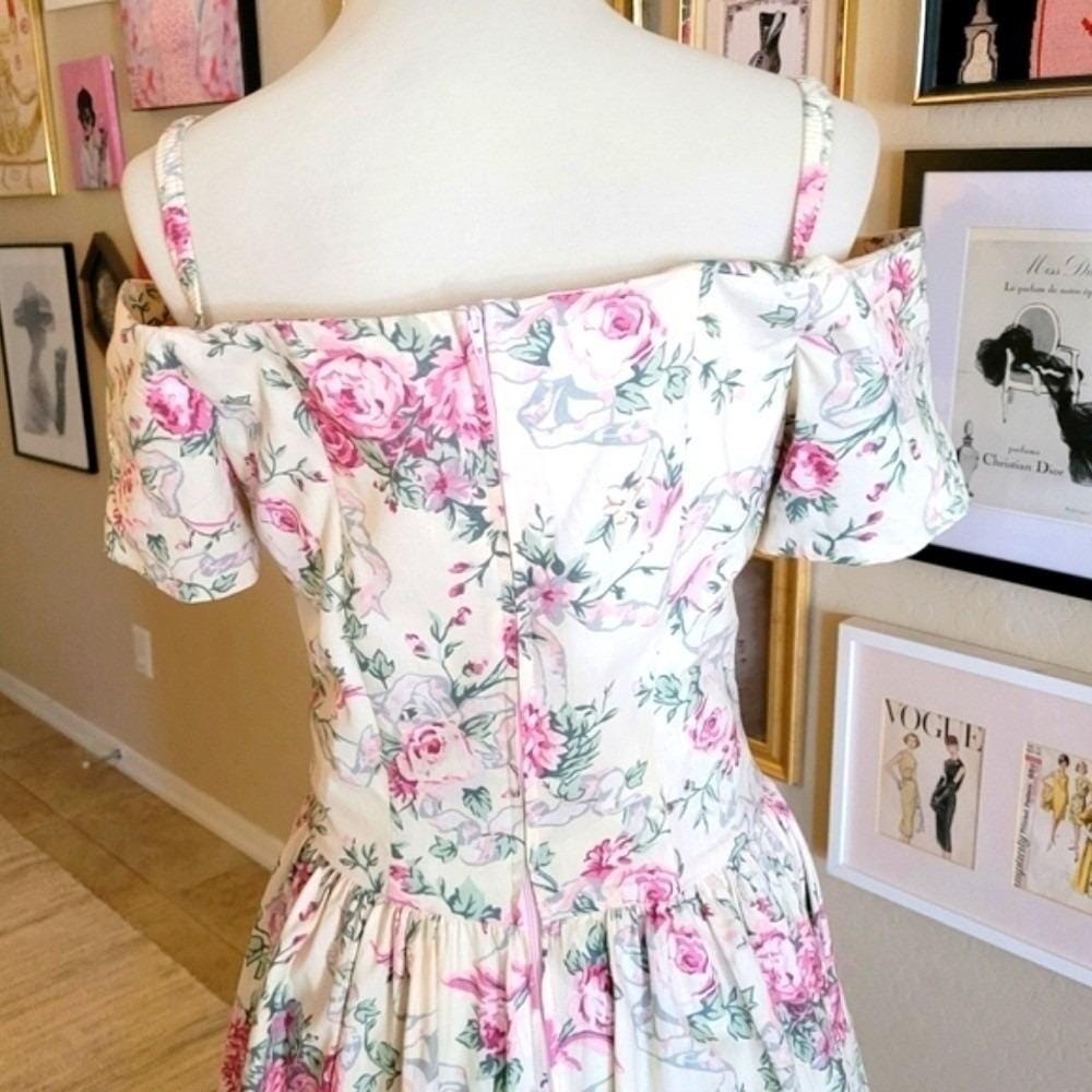 Vintage Jodi Schwartz Bill Berman Floral Lace Butterfly Off Shoulder Dress Pink