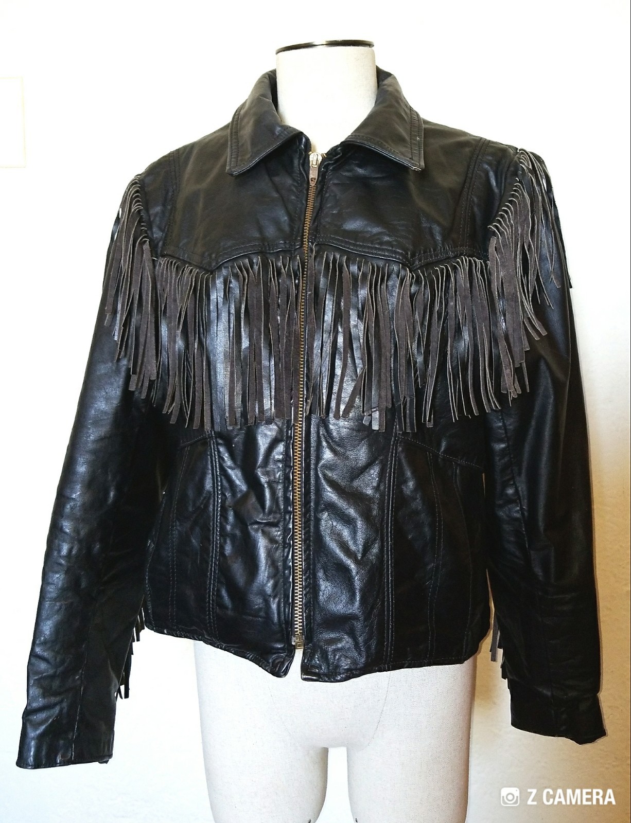 Vintage Fringed Black Leather Jacket Size 18/M from Branded Garments