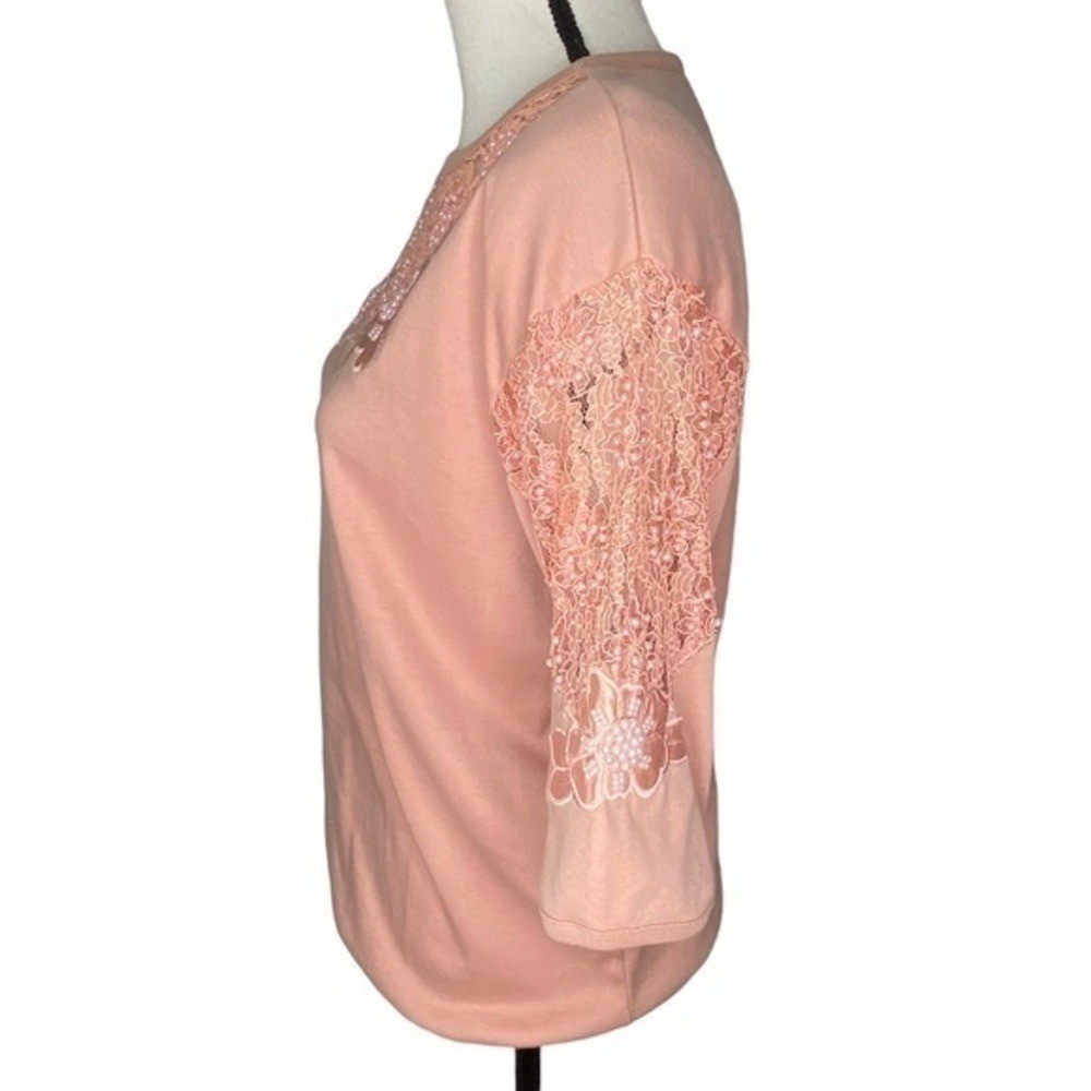 Vintage Recent Works Top Blush Pink Lace Bead Floral Appliqué Half Sleeve Top