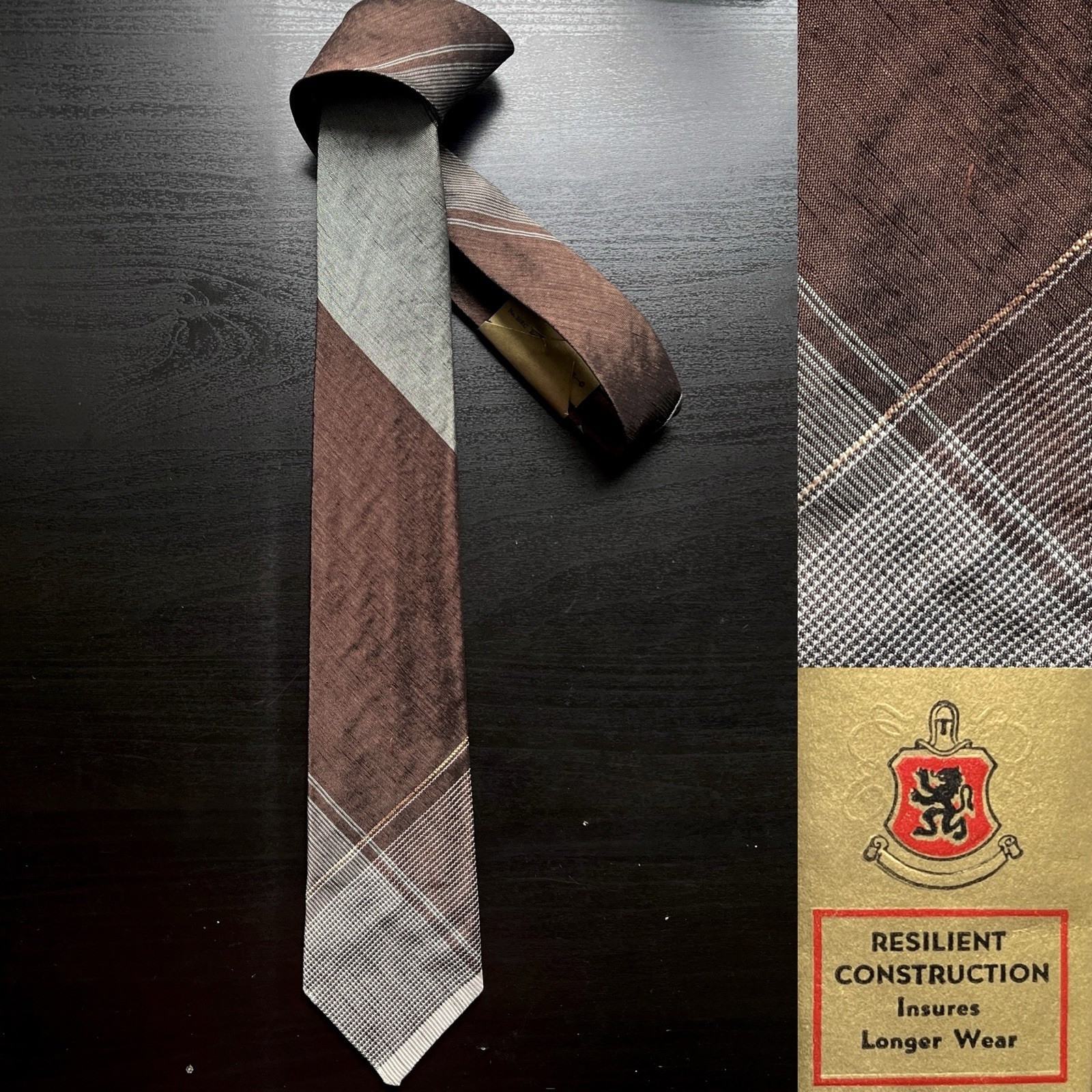 (Deadstock) (2 of 2) Brown Gold Gray & Ecru Plaid Slim Tie NWT VTG 1950s