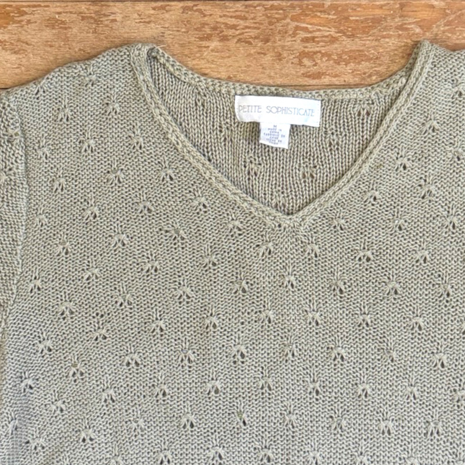 Vintage Knit Linen Cotton Beaded Eyelet Sweater Top Size Medium Olive Green 90s