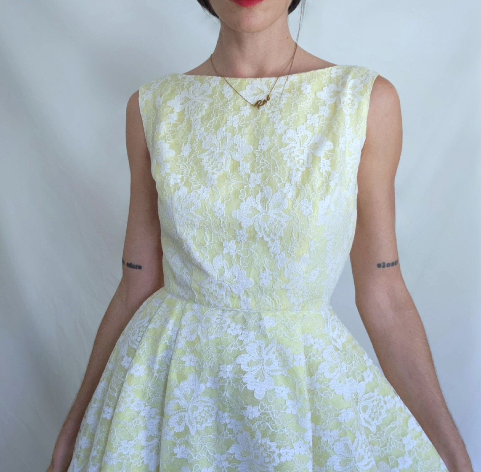 1960s Vintage Yellow and White Lace Fit and Flare Party Dress: Womens XS