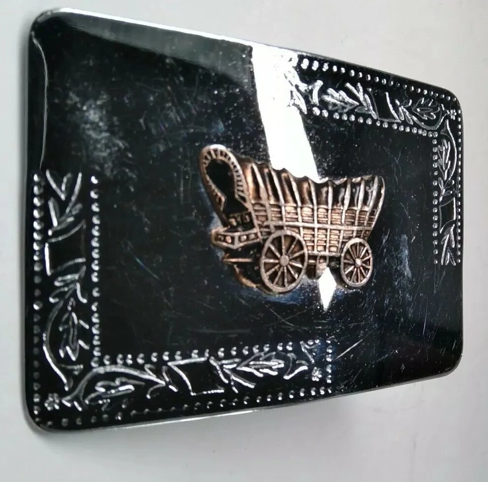 Vintage Conestoga Wagon Belt Buckle Silver Toned Western Cowboy