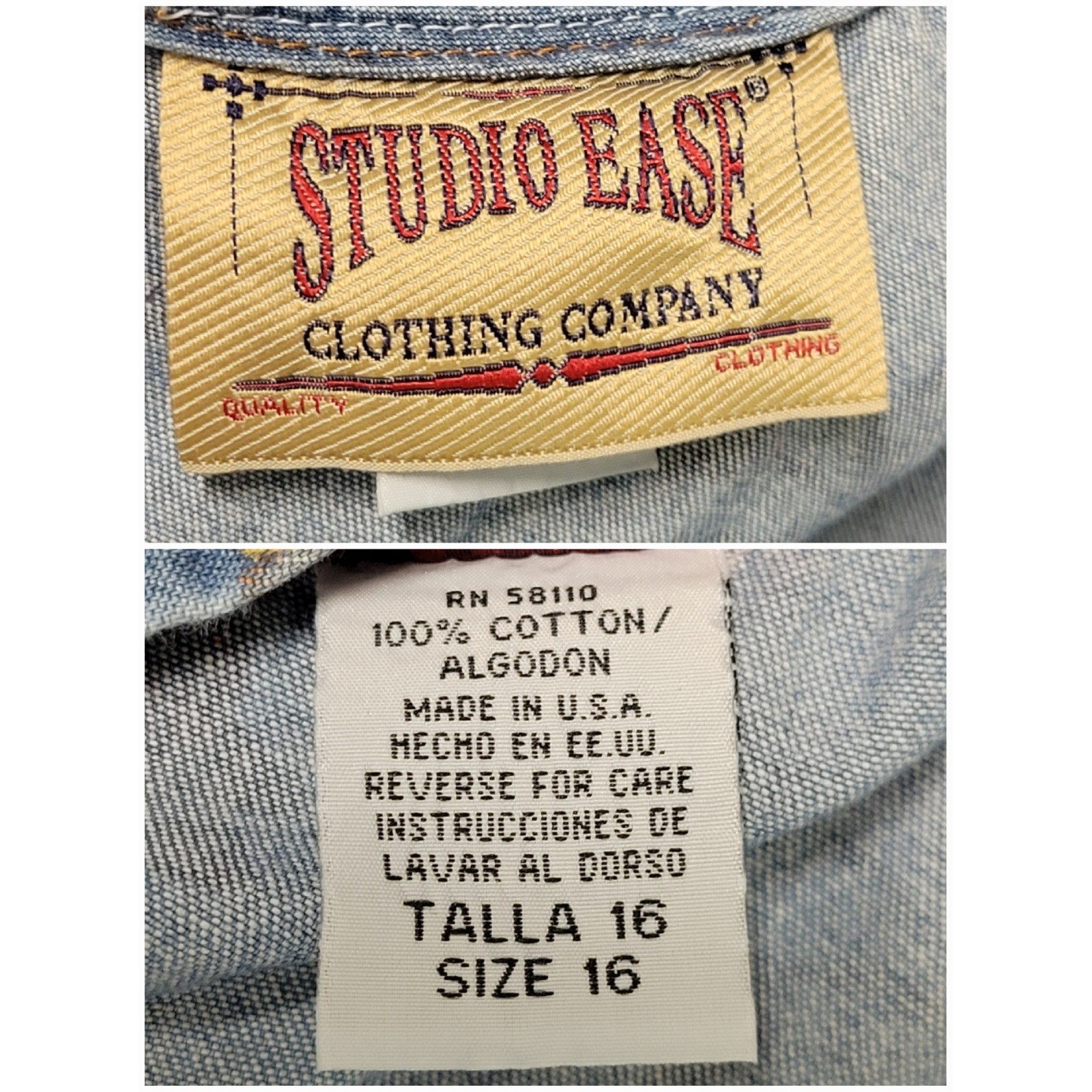 Studio Ease Denim Dress Blue Floral Button Back Sleeveless Vintage USA Size 16