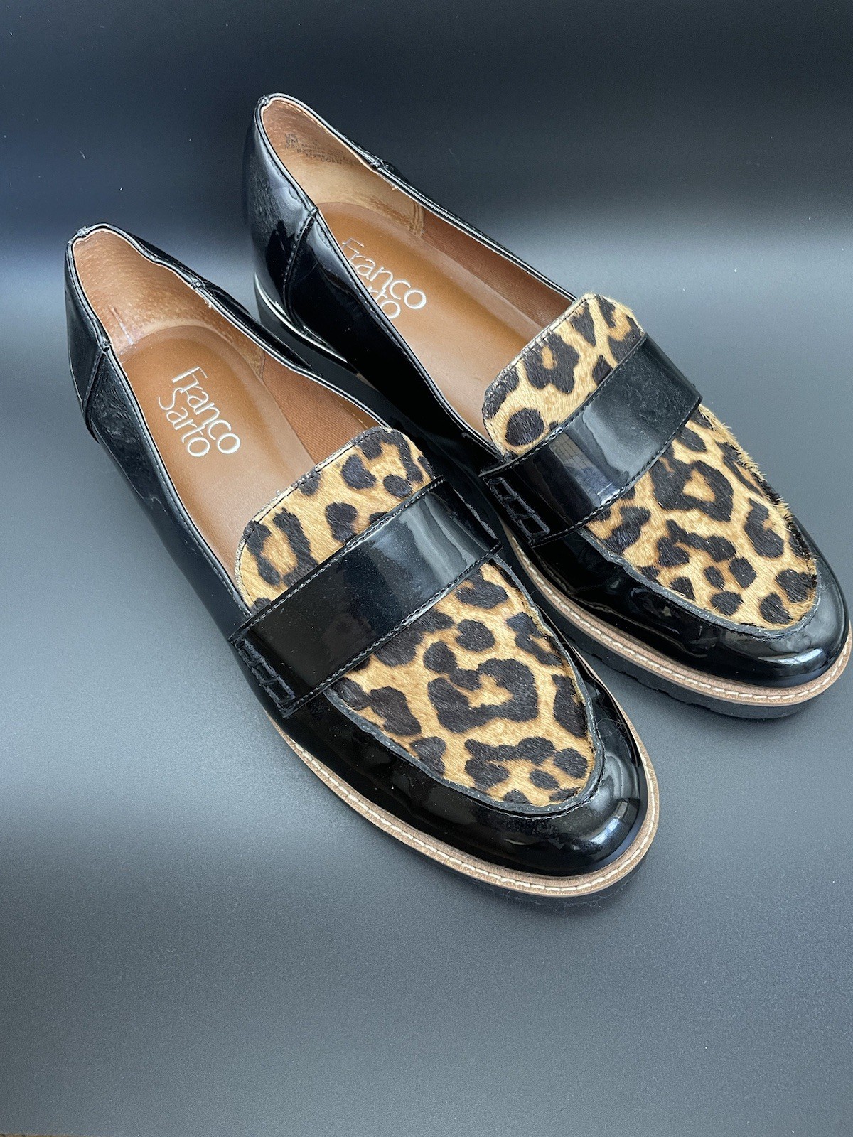 Franco Sarto Black Patent Leather Leopard Print Cow Hair Chunky Loafers Sz 8