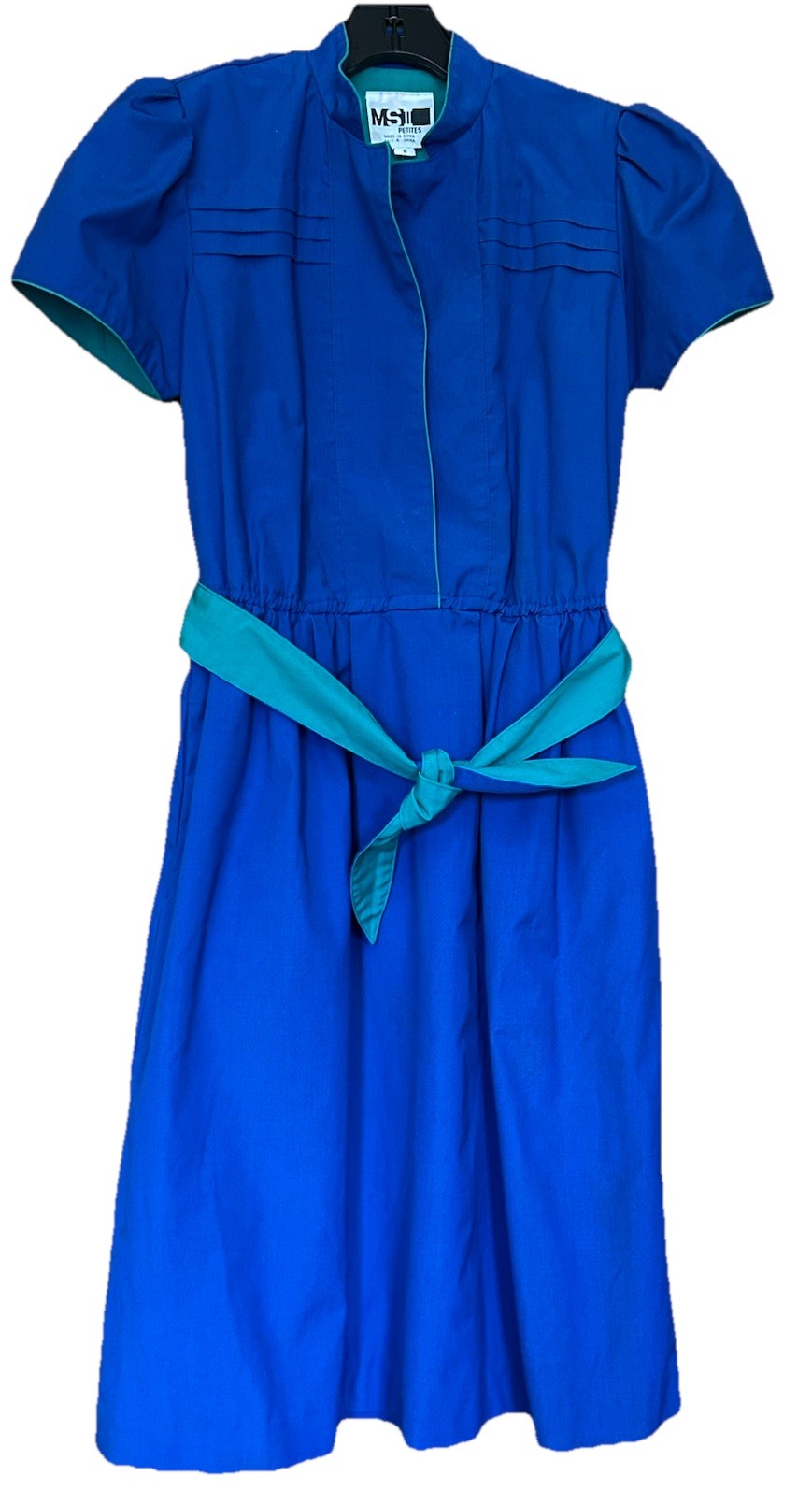 VTG 1980’s Puff Sleeve Cobalt Blue MidiDress Green Contrast Belt Snaps Sz 6 READ