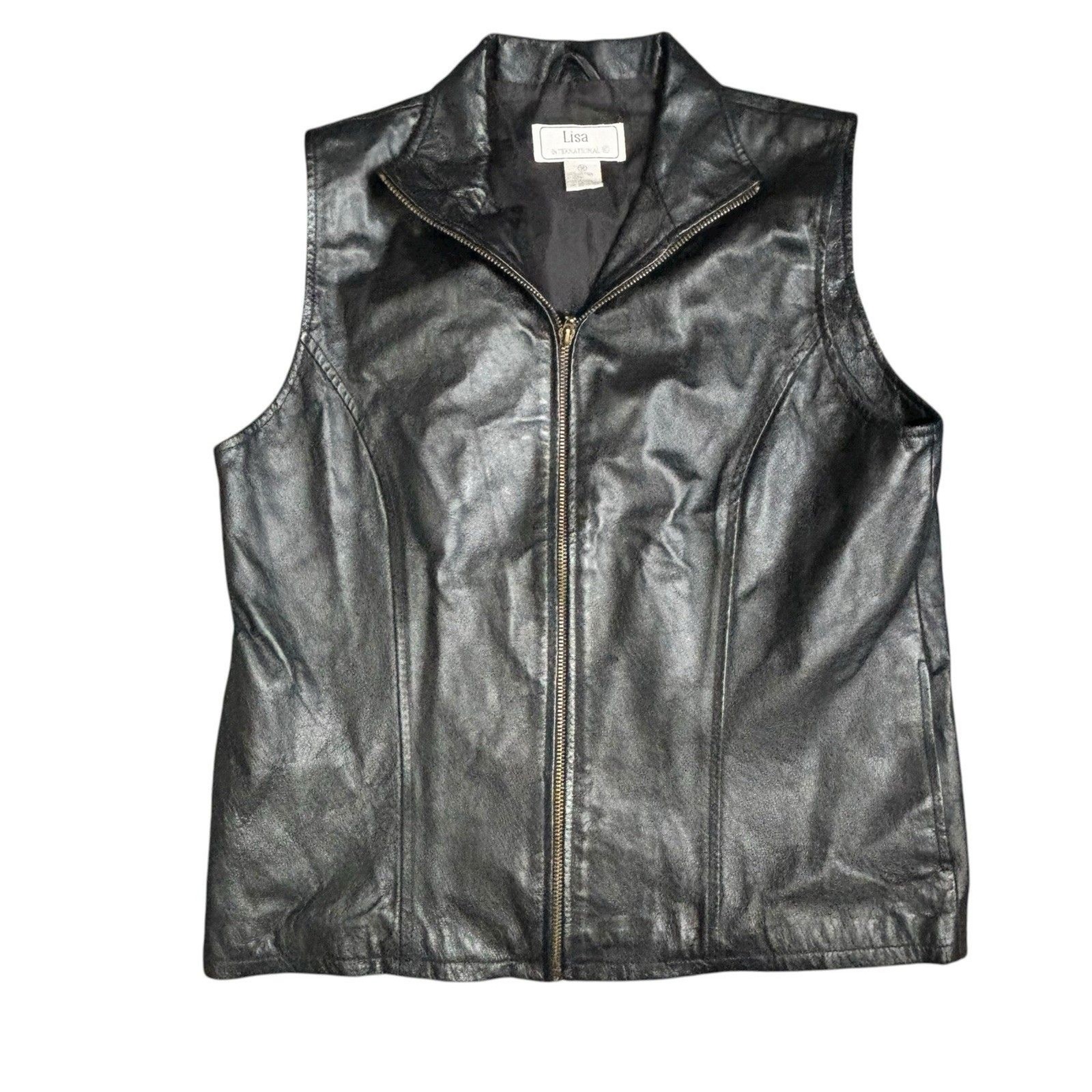 Vintage Lisa International Women’s M Black Genuine Leather Collard Zip Up Vest
