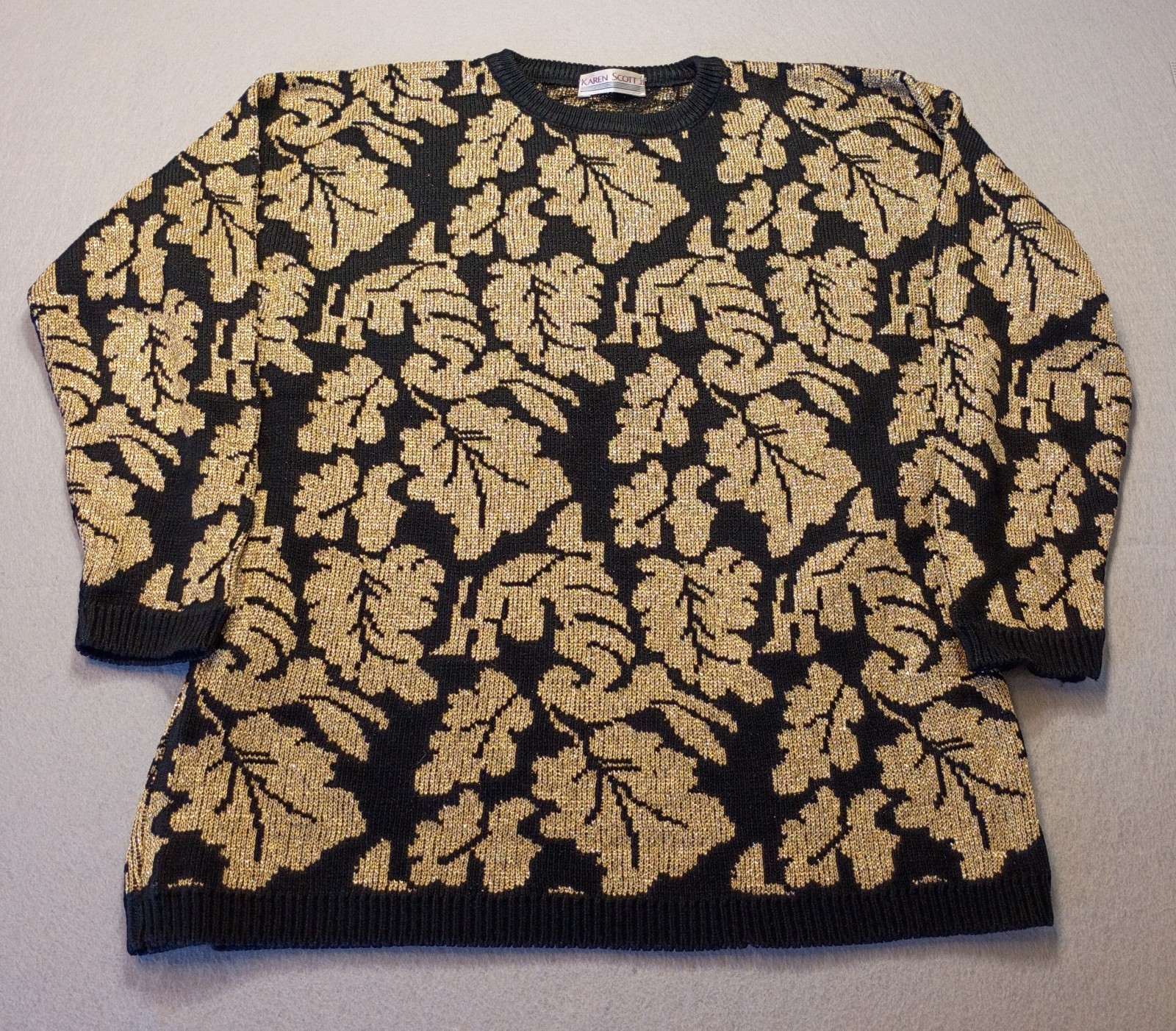 Vtg 80s Karen Scott Gold Metallic Leaf Oversized Knit Mini Sweater Dress 3X