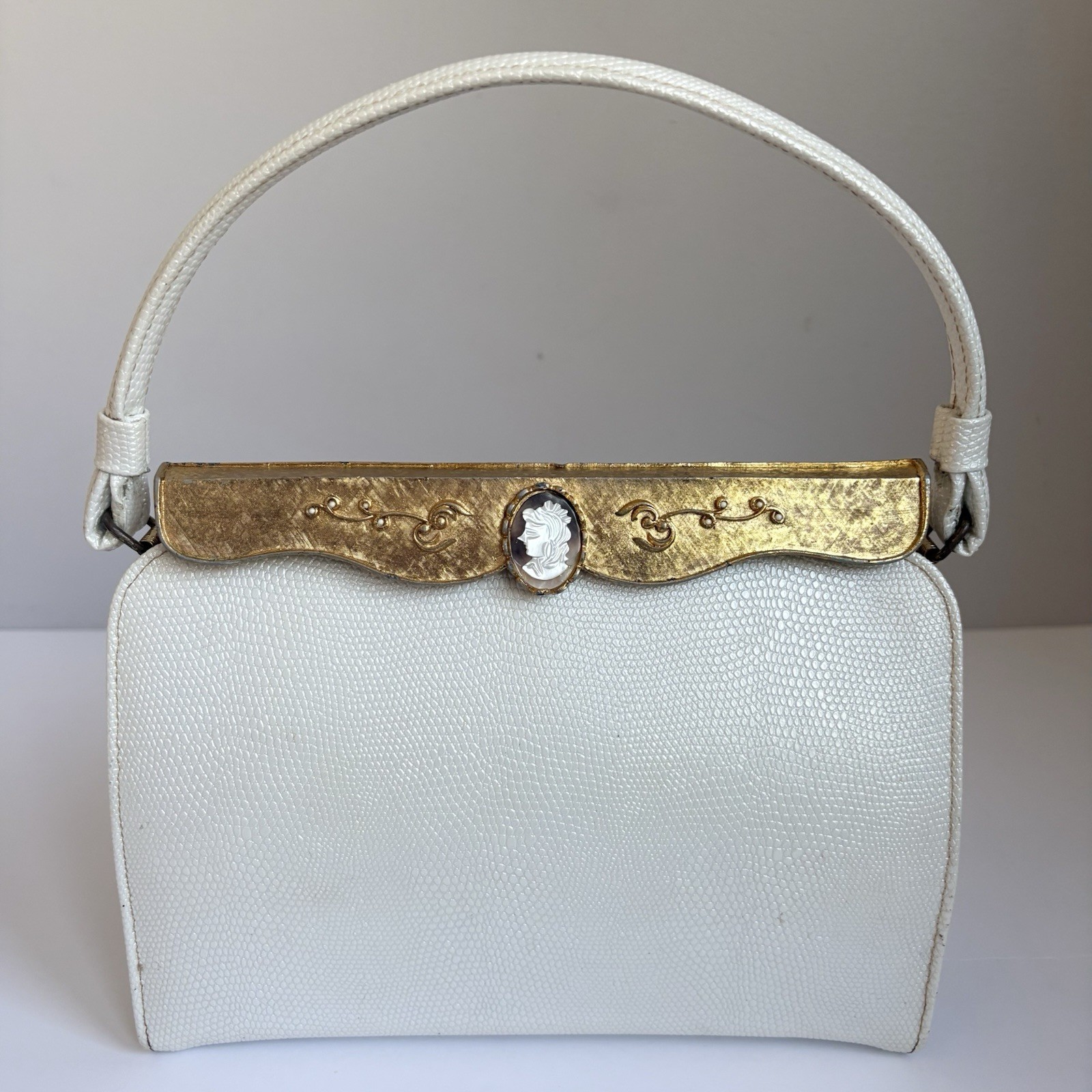 Vintage 1960’s After Five White Faux Lizard Purse w/ Genuine Carved Shell Cameo