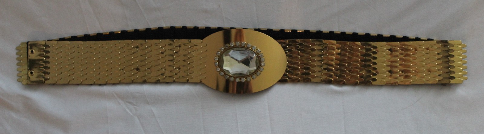 Vintage 1980s Gold Metallic Stretch Fishscale Crystal Belt Glam Disco 36″ to 40″