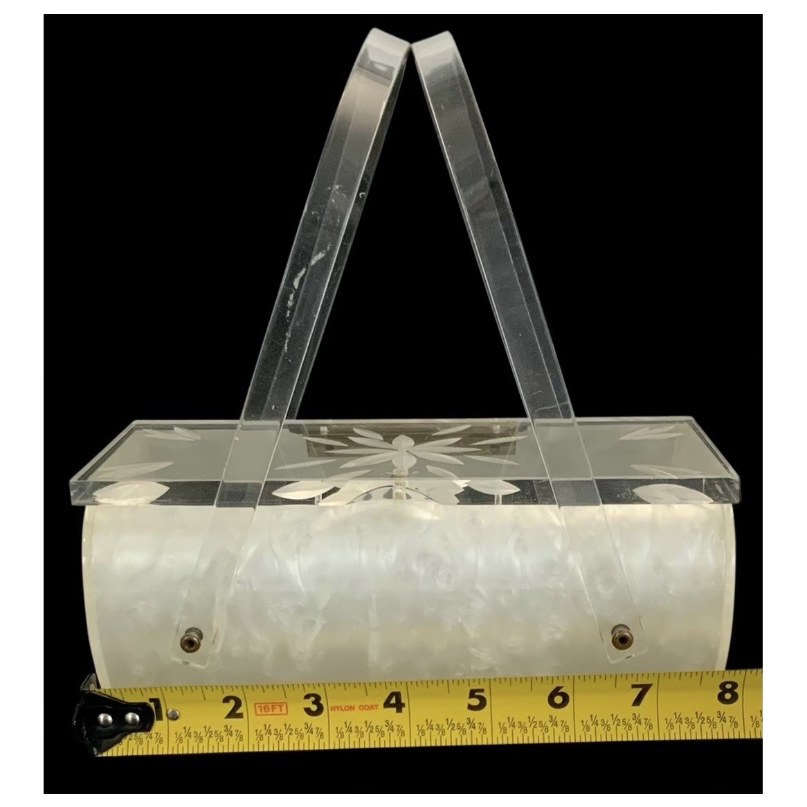 Vtg Pearlescent Lucite Elongated Oval Purse 8 x 3½” – Double Handle/Latch Intact