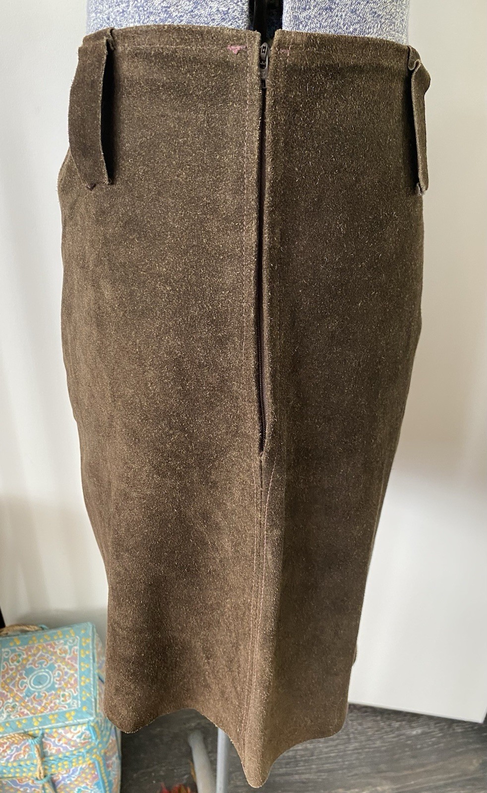 Vintage 1970s Chocolate Brown Suede Leather Mini Skirt Mod Gogo Boho Hippie