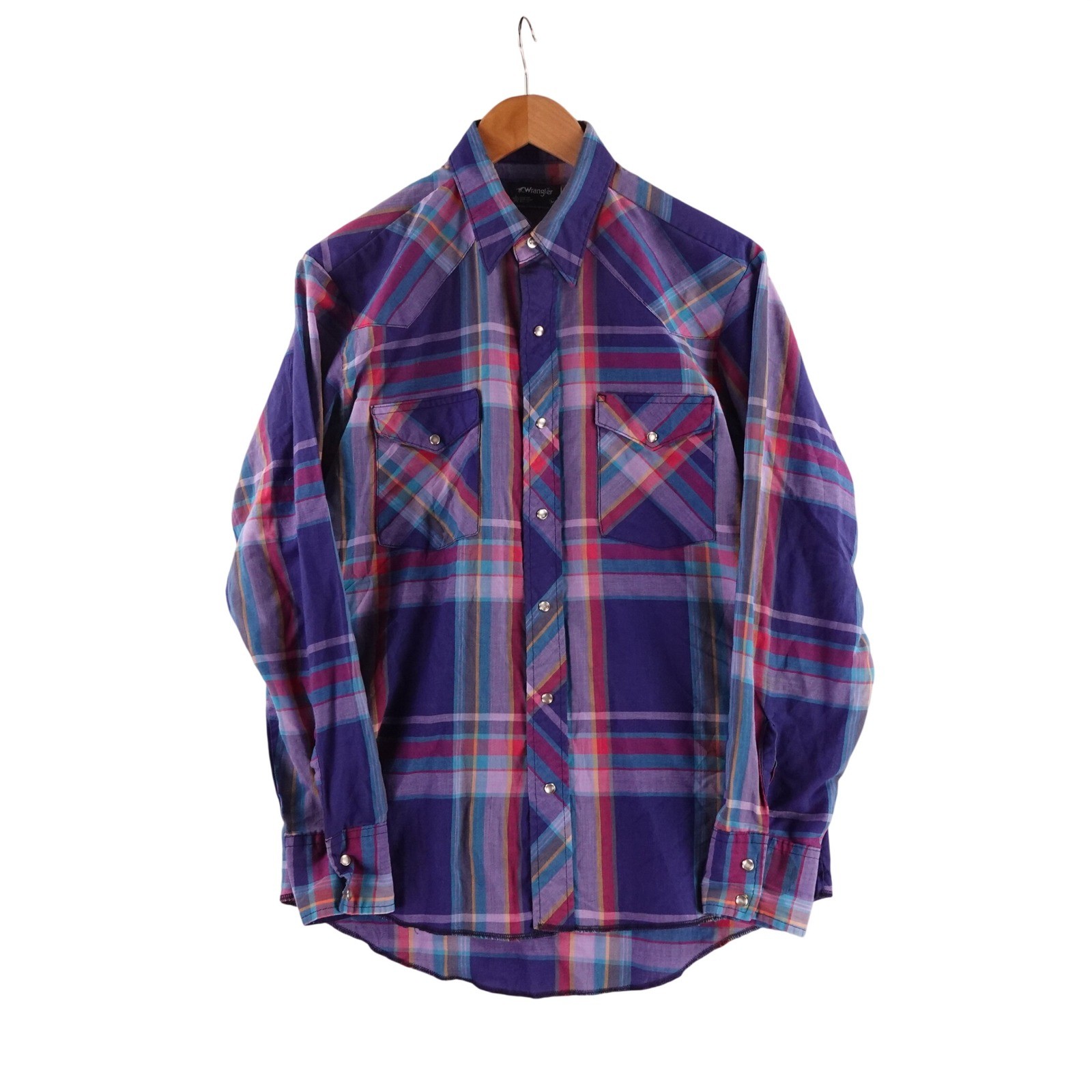 Vintage70s Wrangler Men Purple Plaid Western Pearl Snap Shirt Made in USA Medium