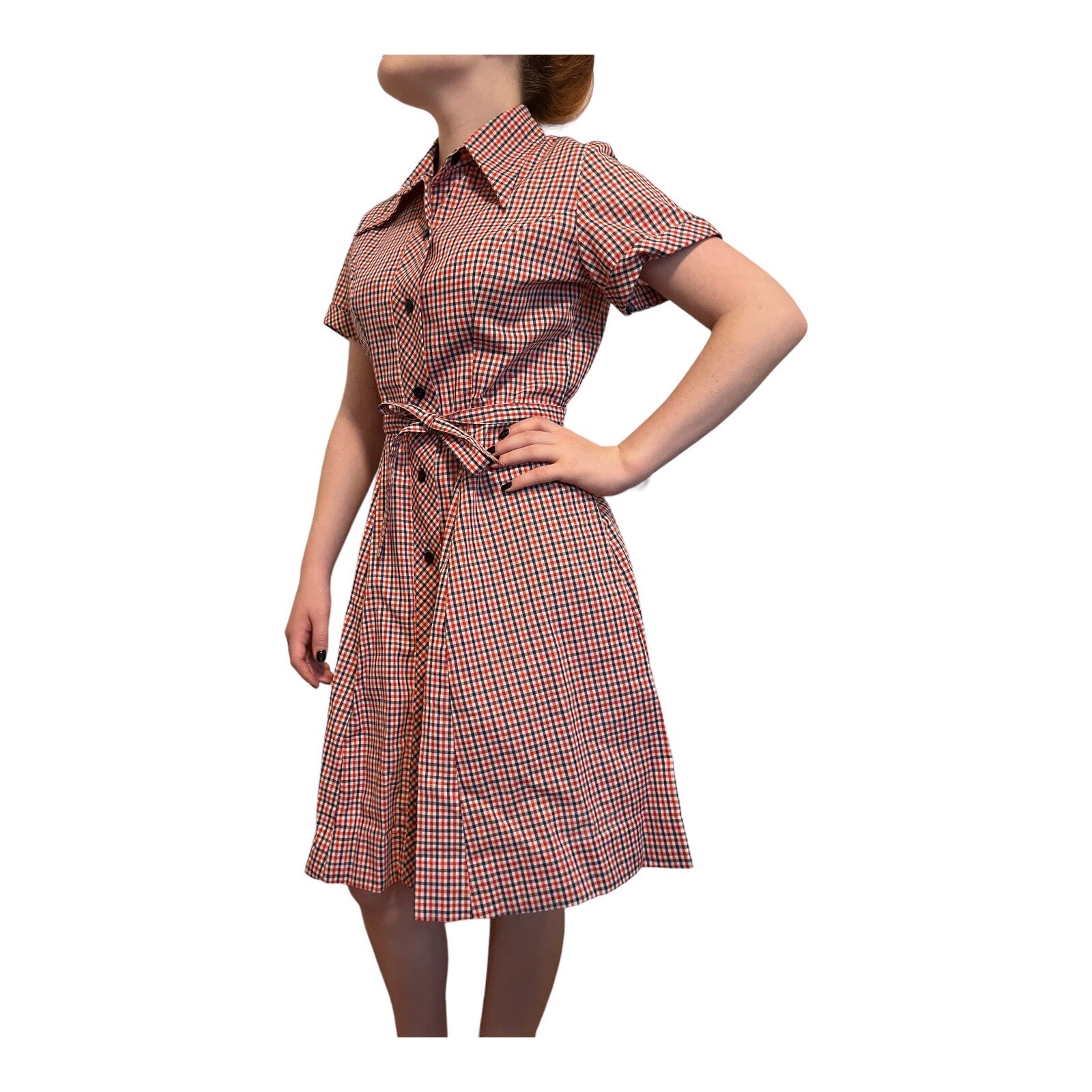 VTG 30s 40s DeeDee Decatur Red White Blue Gingham Housewife Pinup Dress 40″ Bust