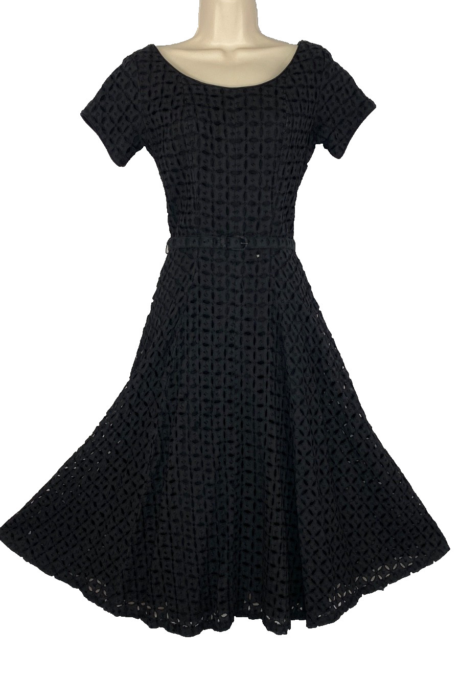 Vintage 1950s black eyelet lace dress S fit flare short sleeve midi cotton